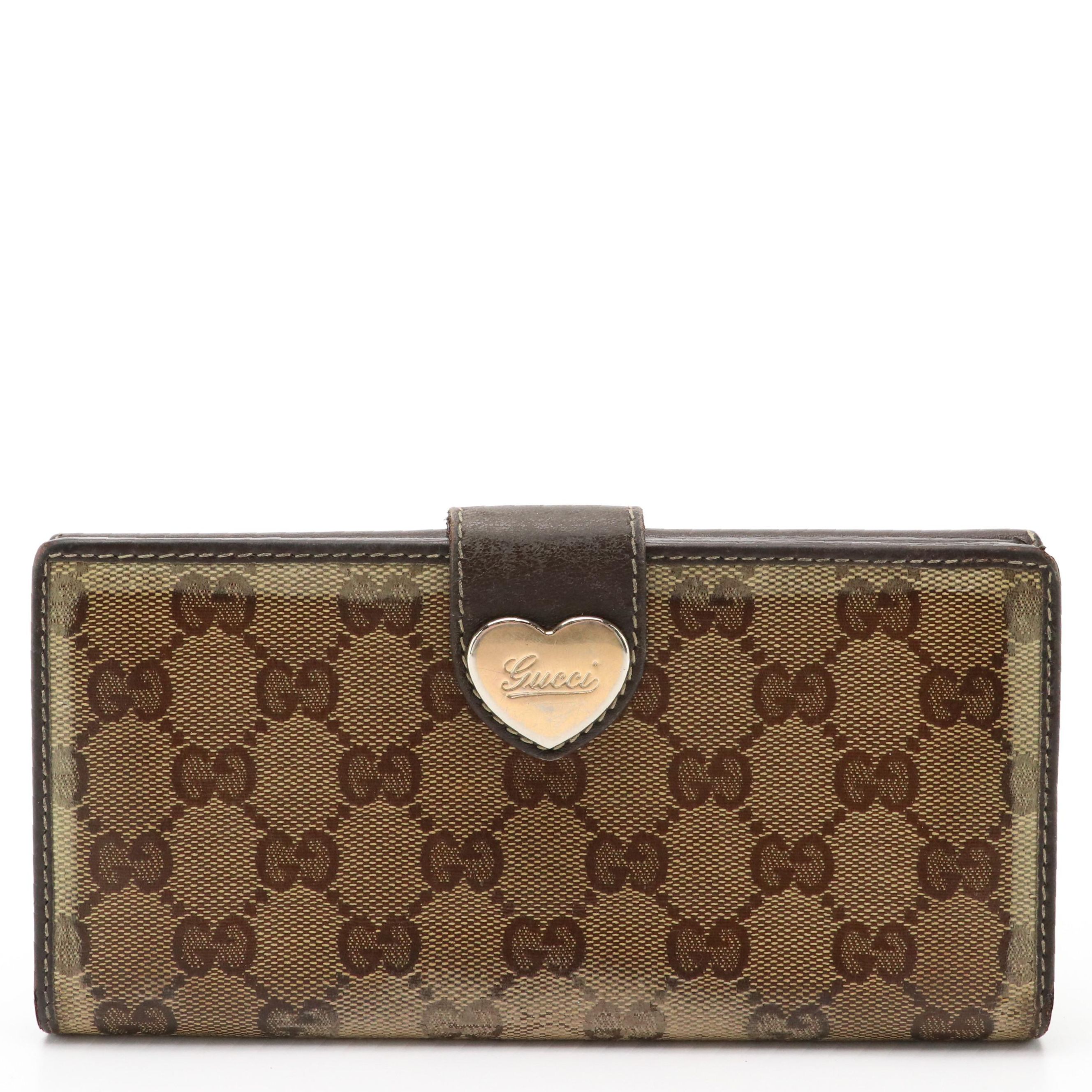 Gucci Heart-Flap Continental Wallet in GG Crystal Canvas and Brown Leather