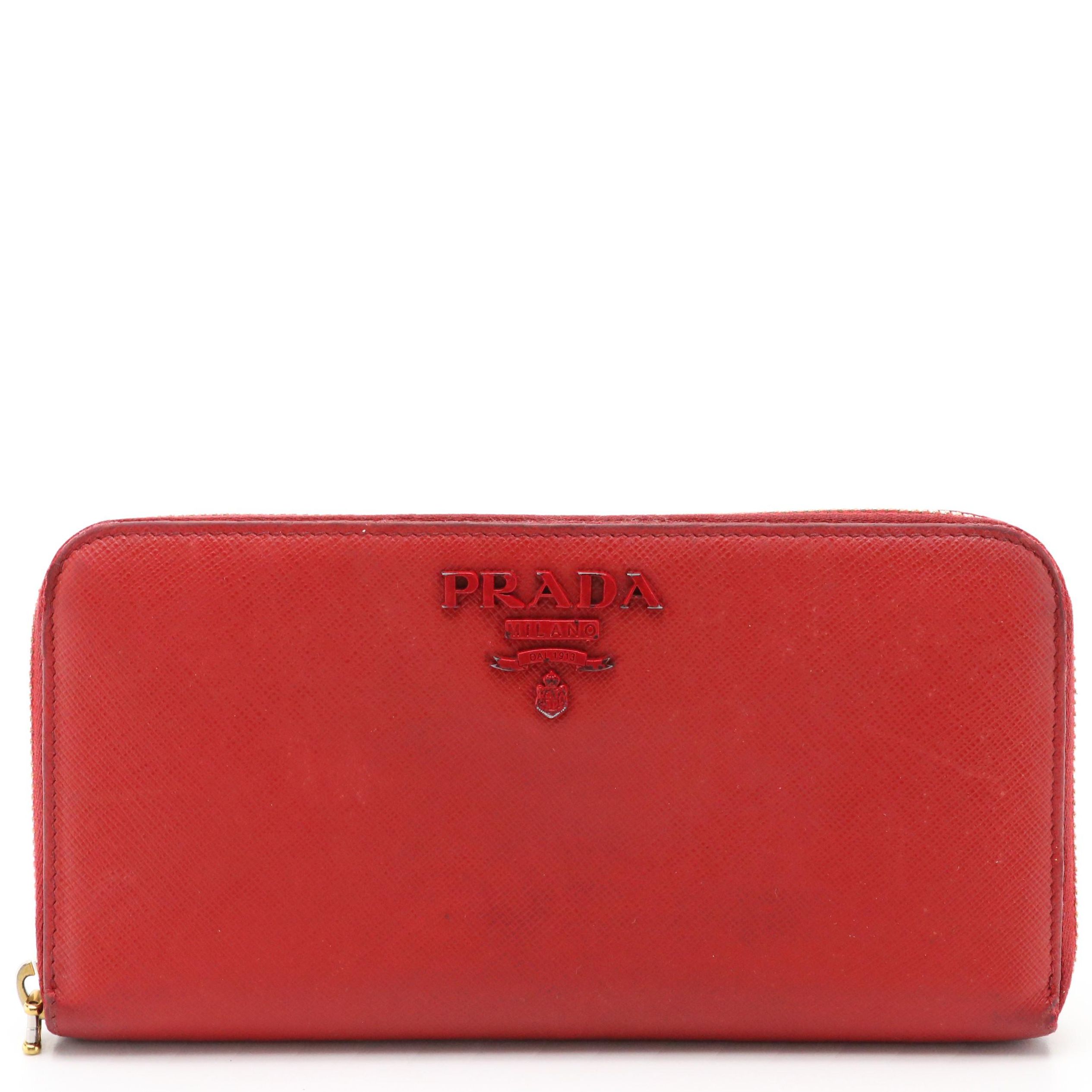 Prada Long Zip-Around Wallet in Red Saffiano Leather