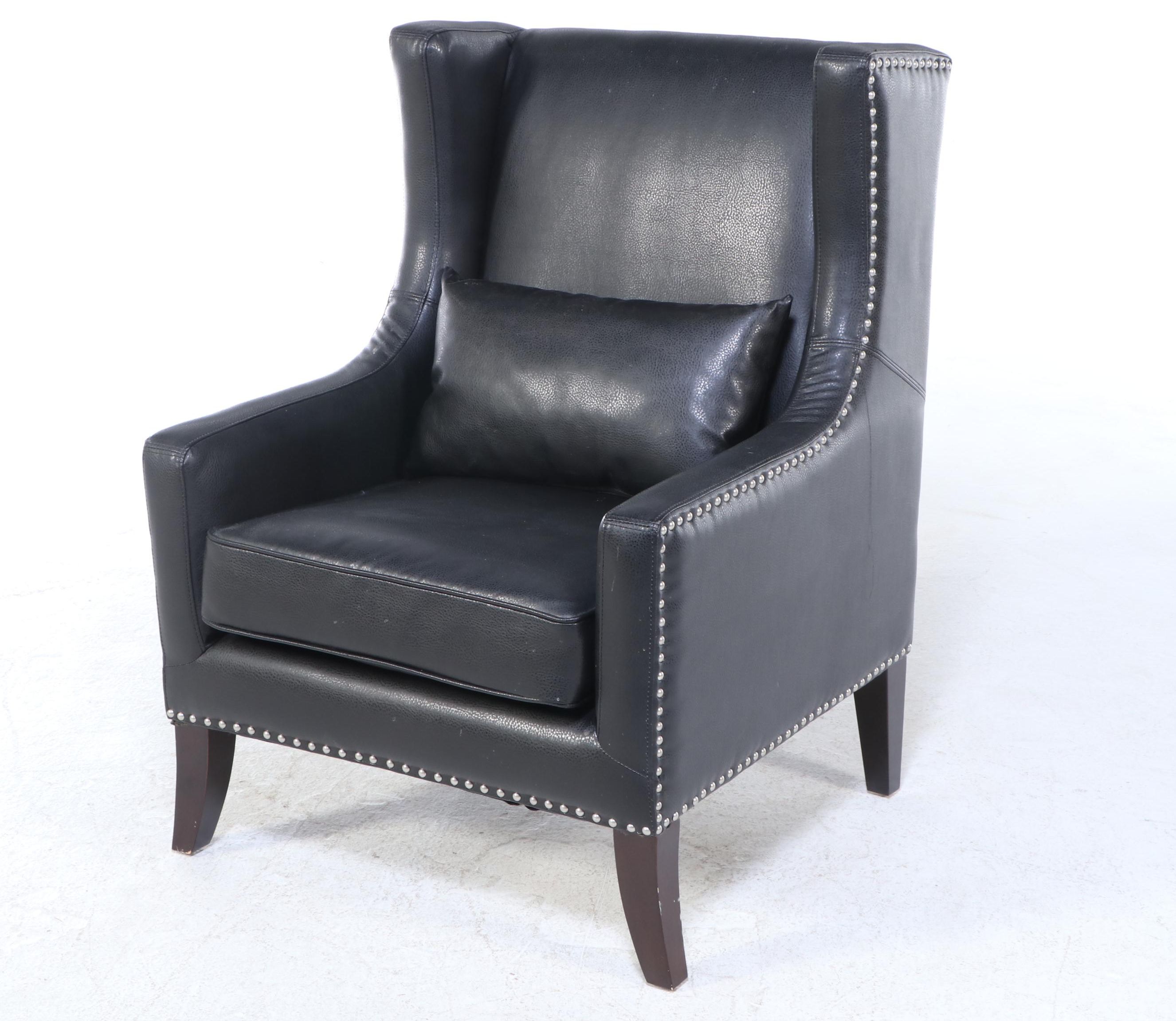 American Signature Black Leather-Touch Wingback Armchair with Nailheads