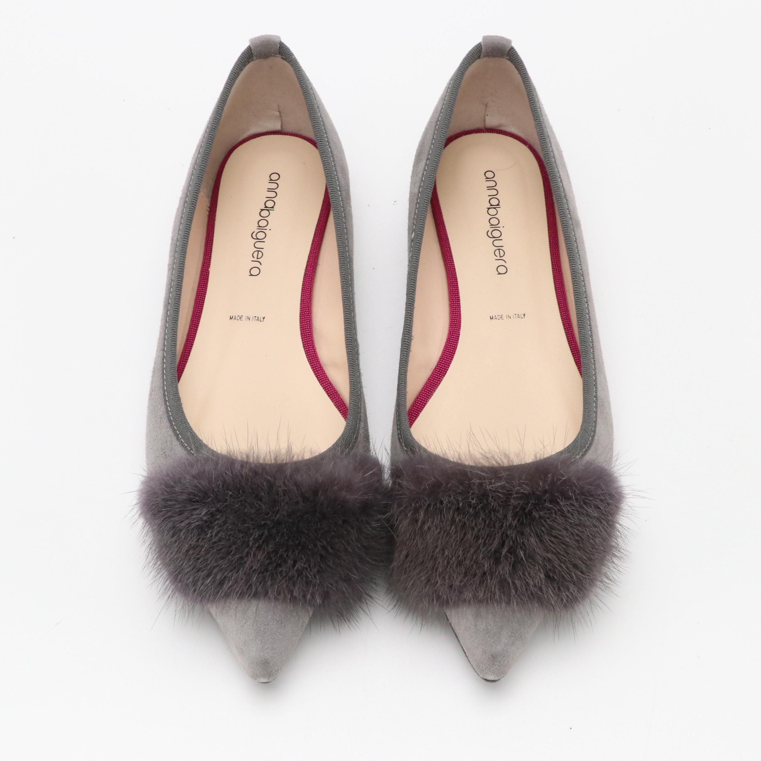Anna Baiguera Grey Suede and Mink Fur Pointy Toe Flats with Box