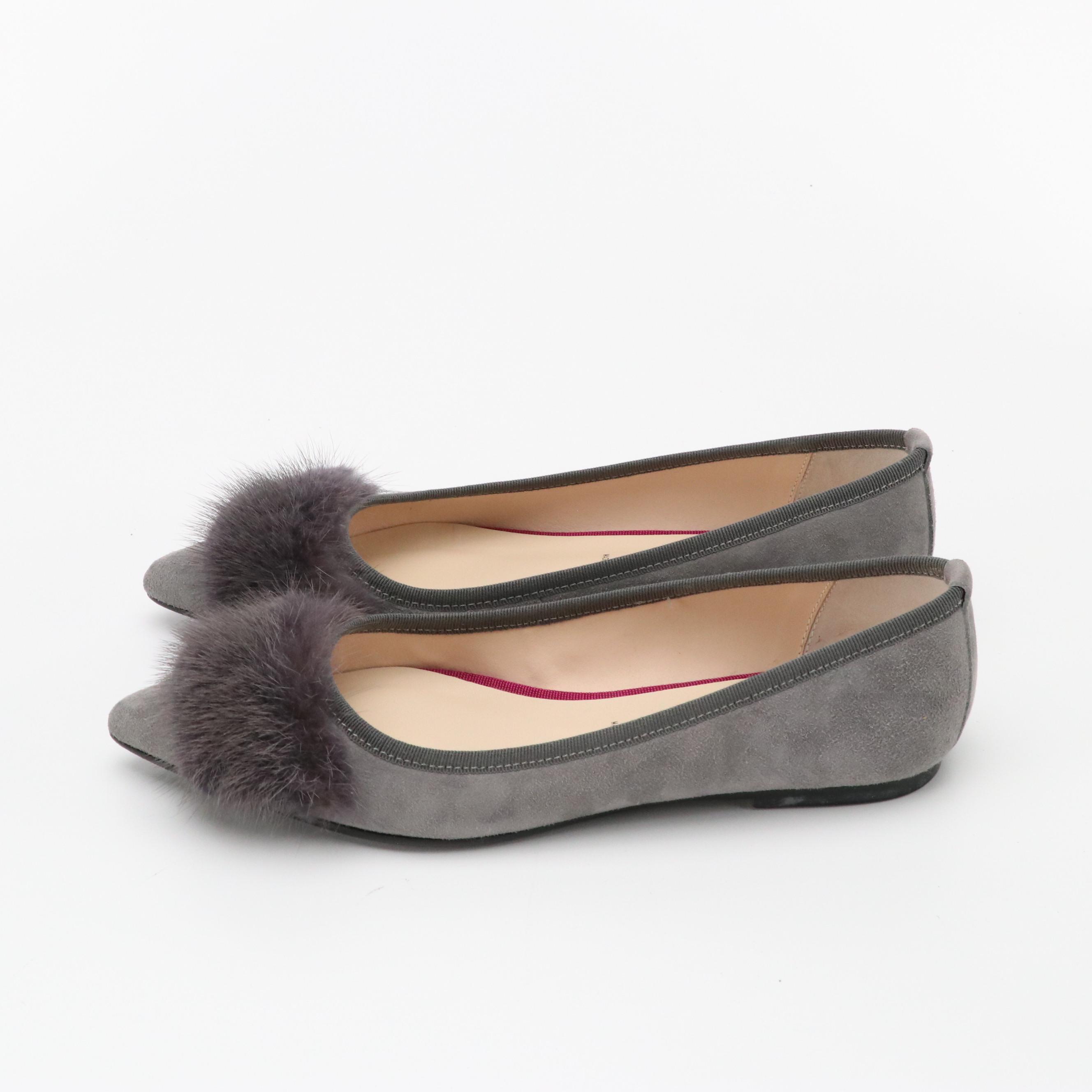 Anna Baiguera Grey Suede and Mink Fur Pointy Toe Flats with Box