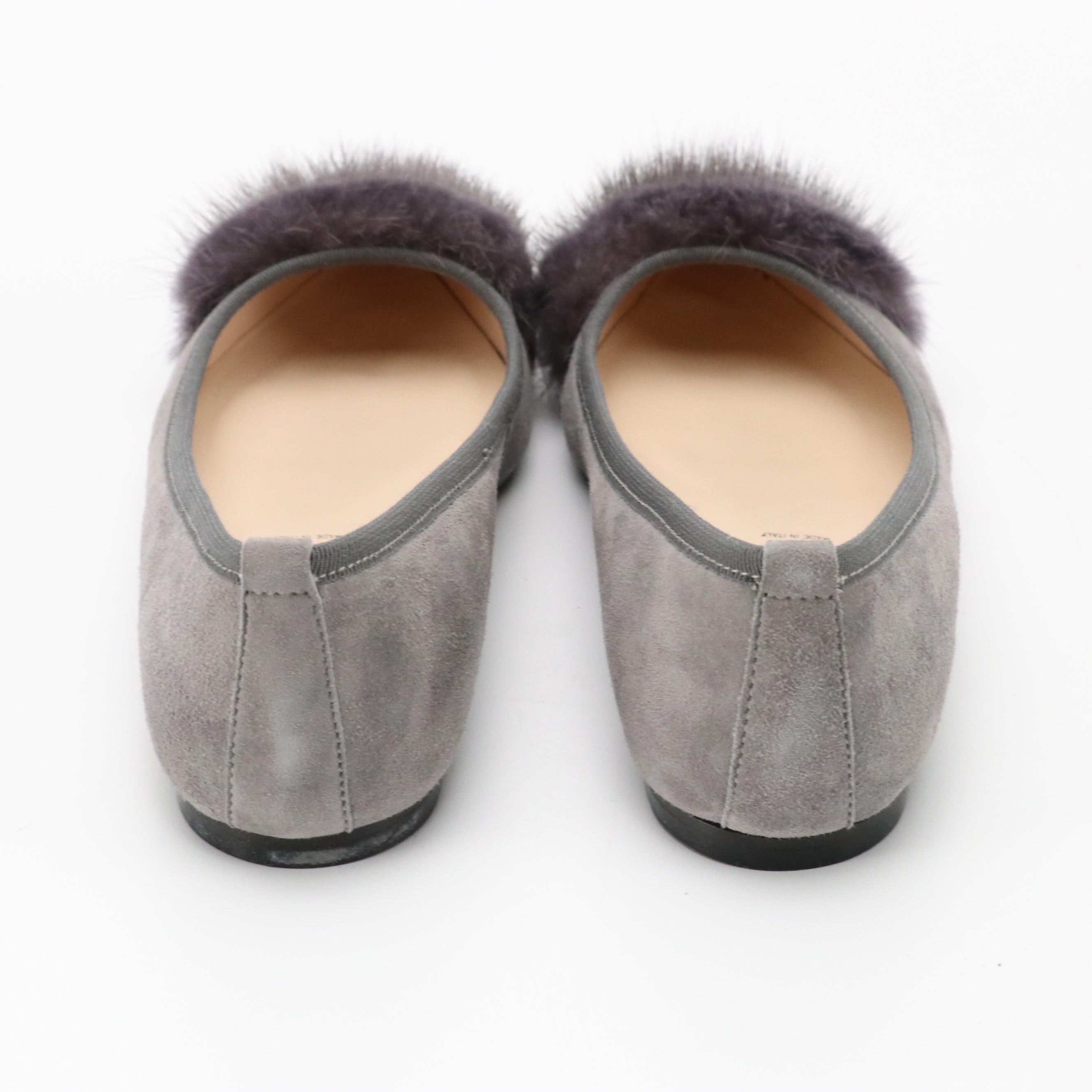 Anna Baiguera Grey Suede and Mink Fur Pointy Toe Flats with Box
