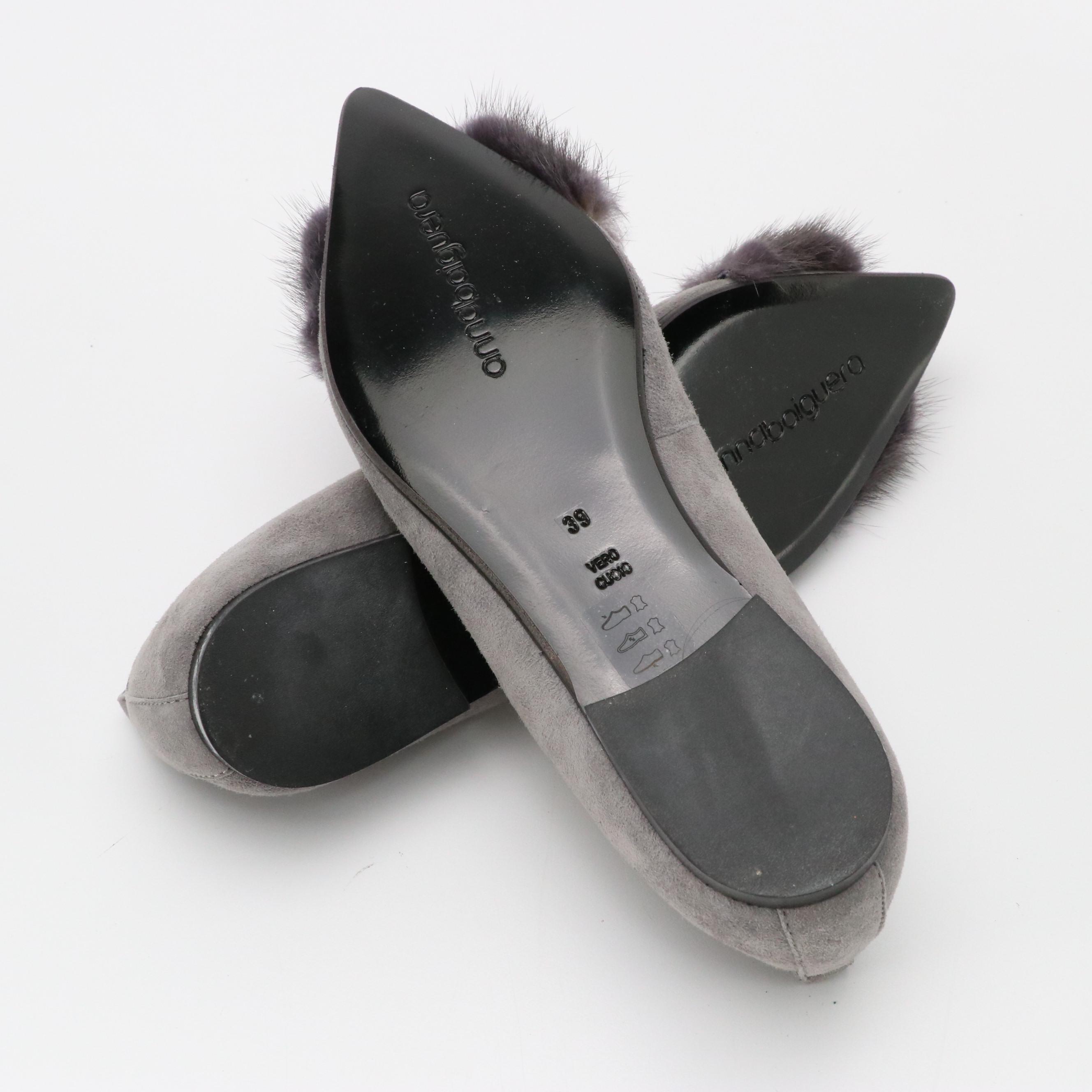 Anna Baiguera Grey Suede and Mink Fur Pointy Toe Flats with Box