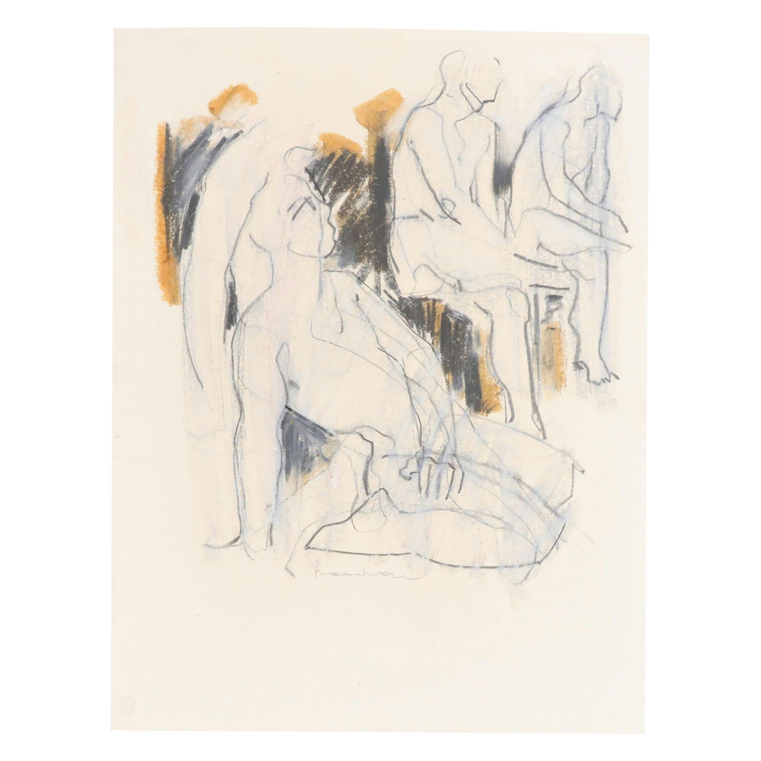 Jack Meanwell Figural Modern Oil Pastel Drawing, Late 20th Century