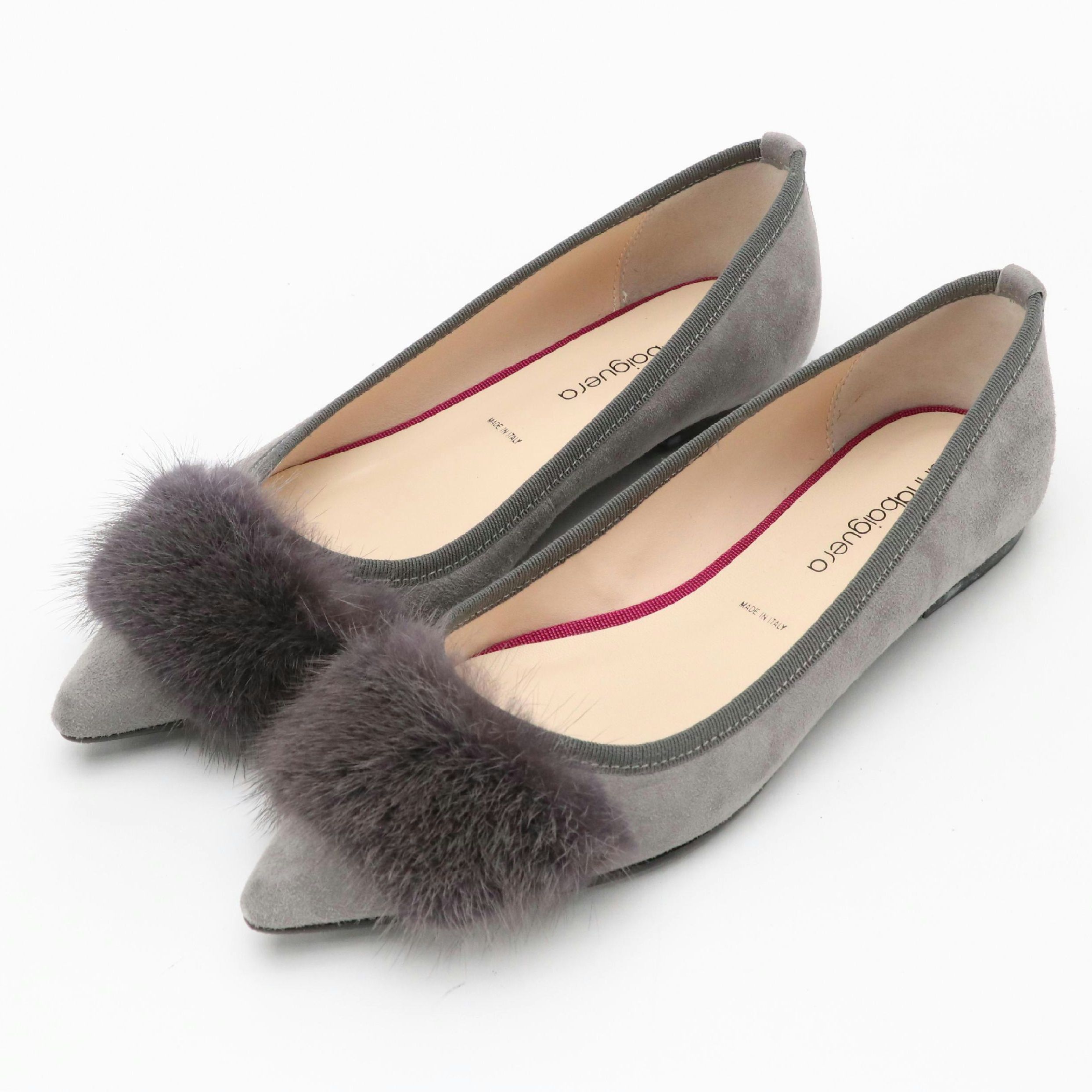 Anna Baiguera Grey Suede and Mink Fur Pointy Toe Flats with Box