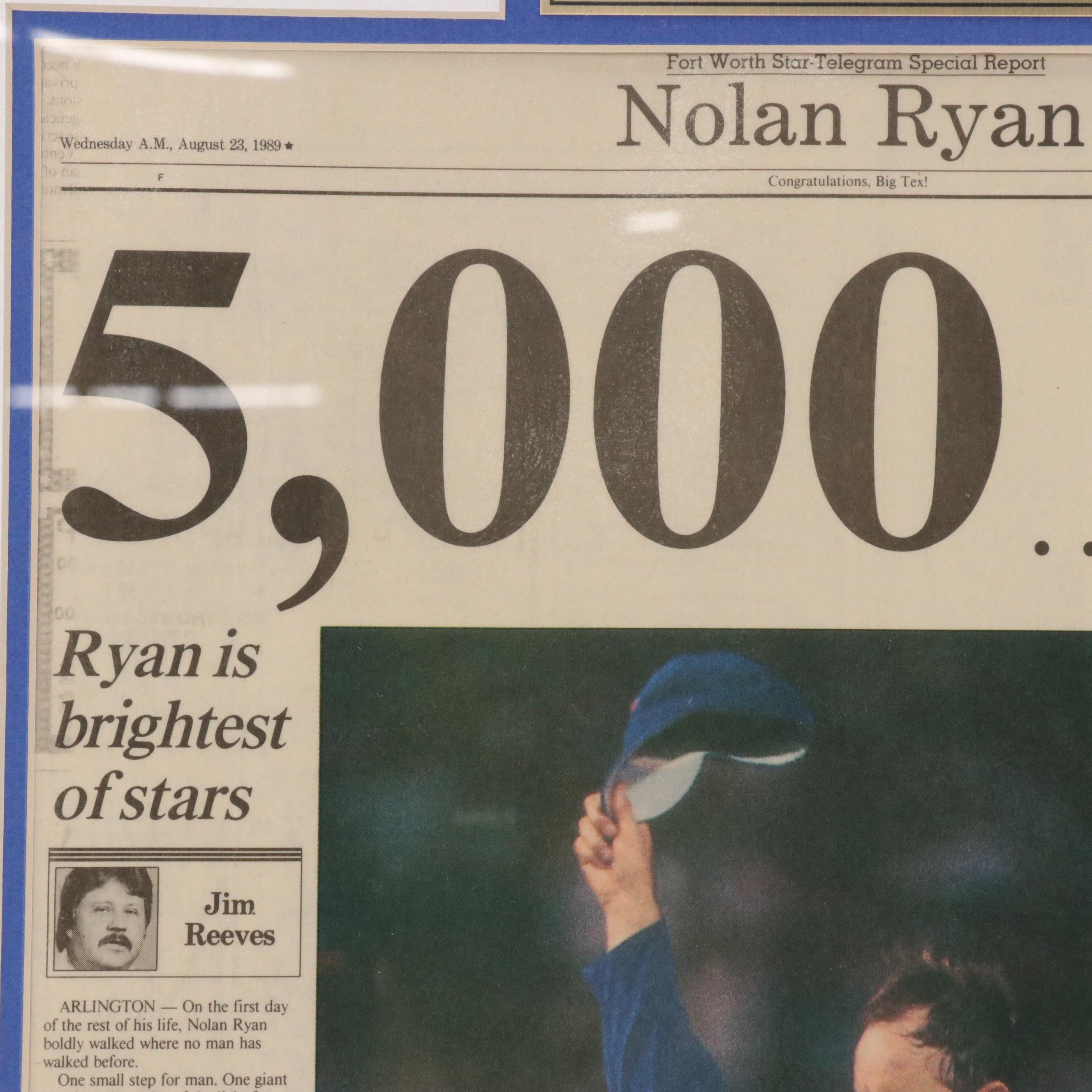 Nolan Ryan Signed 5,000 Strikeouts Newspaper Article with Matted Display