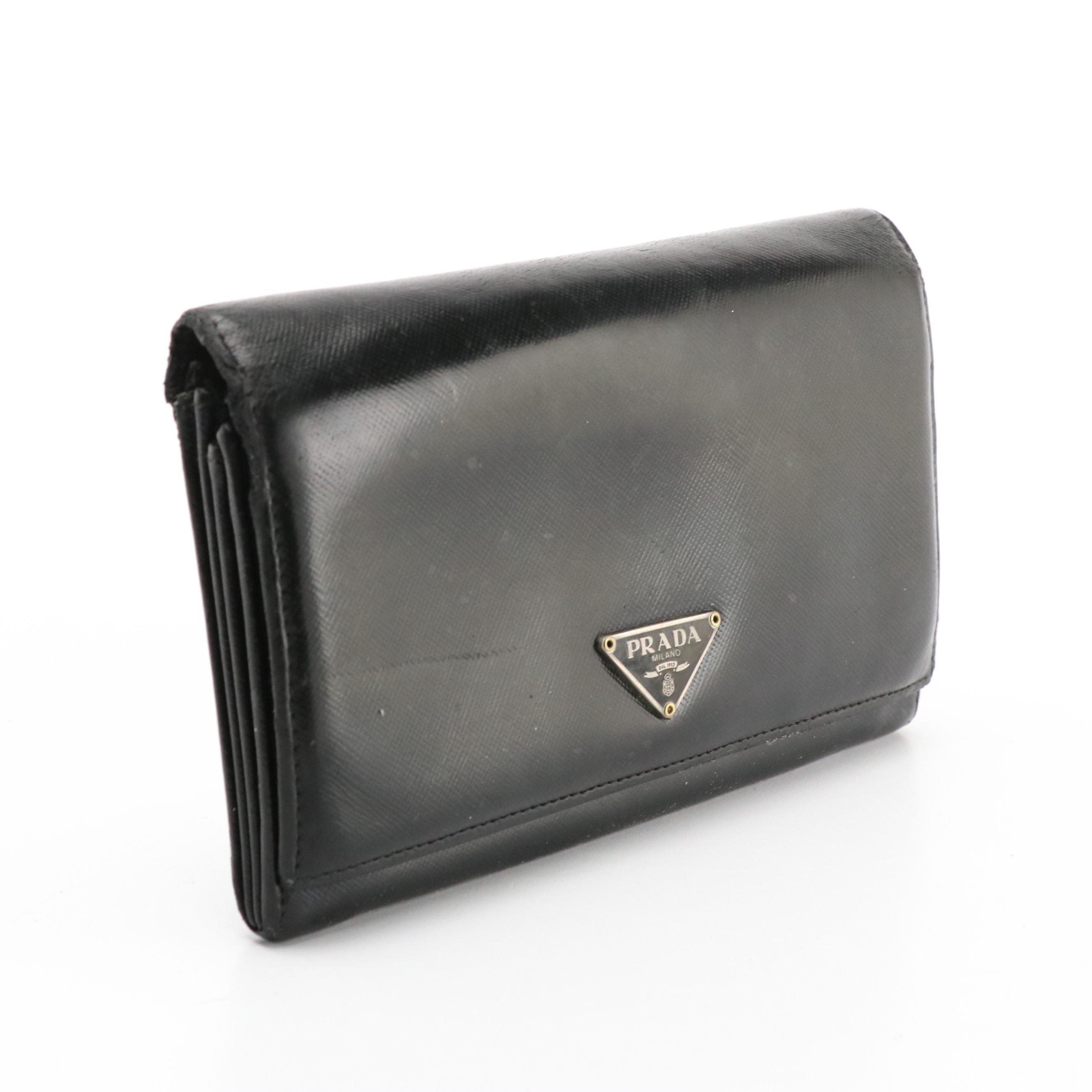 Prada Full Flap Continental Wallet in Black Saffiano Leather