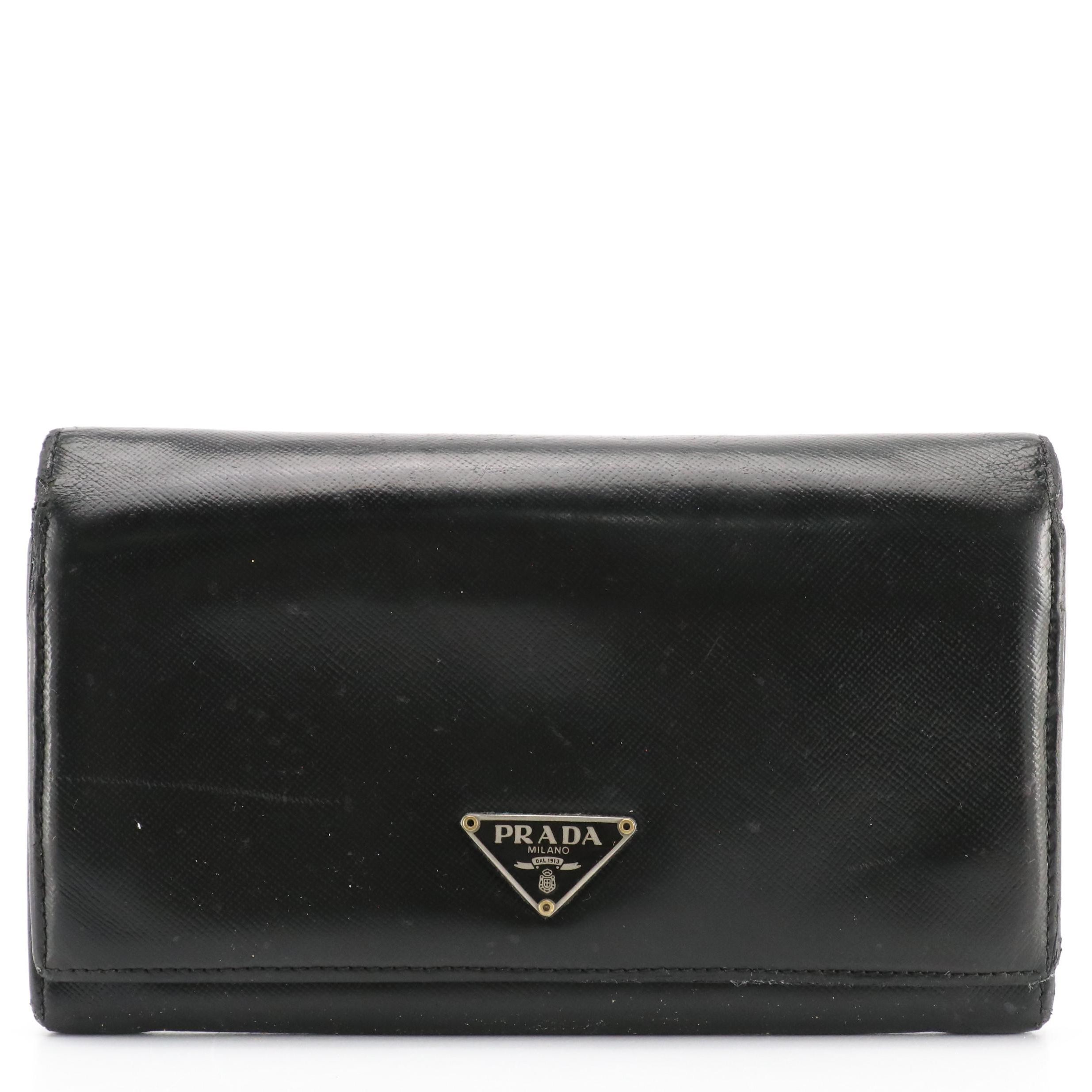 Prada Full Flap Continental Wallet in Black Saffiano Leather