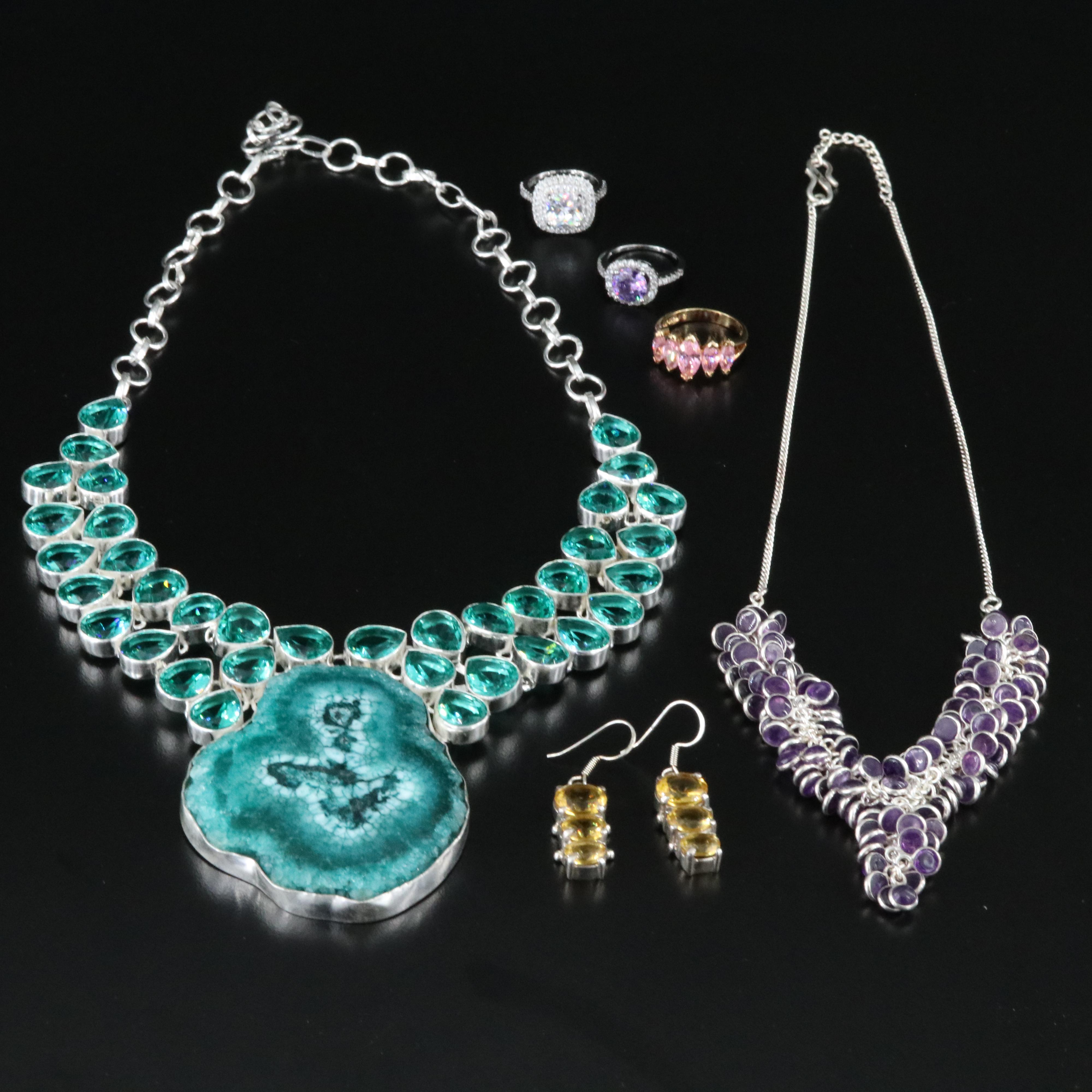 Collection of Gemstone Jewelry Including Sterling, Amethyst and Quartz