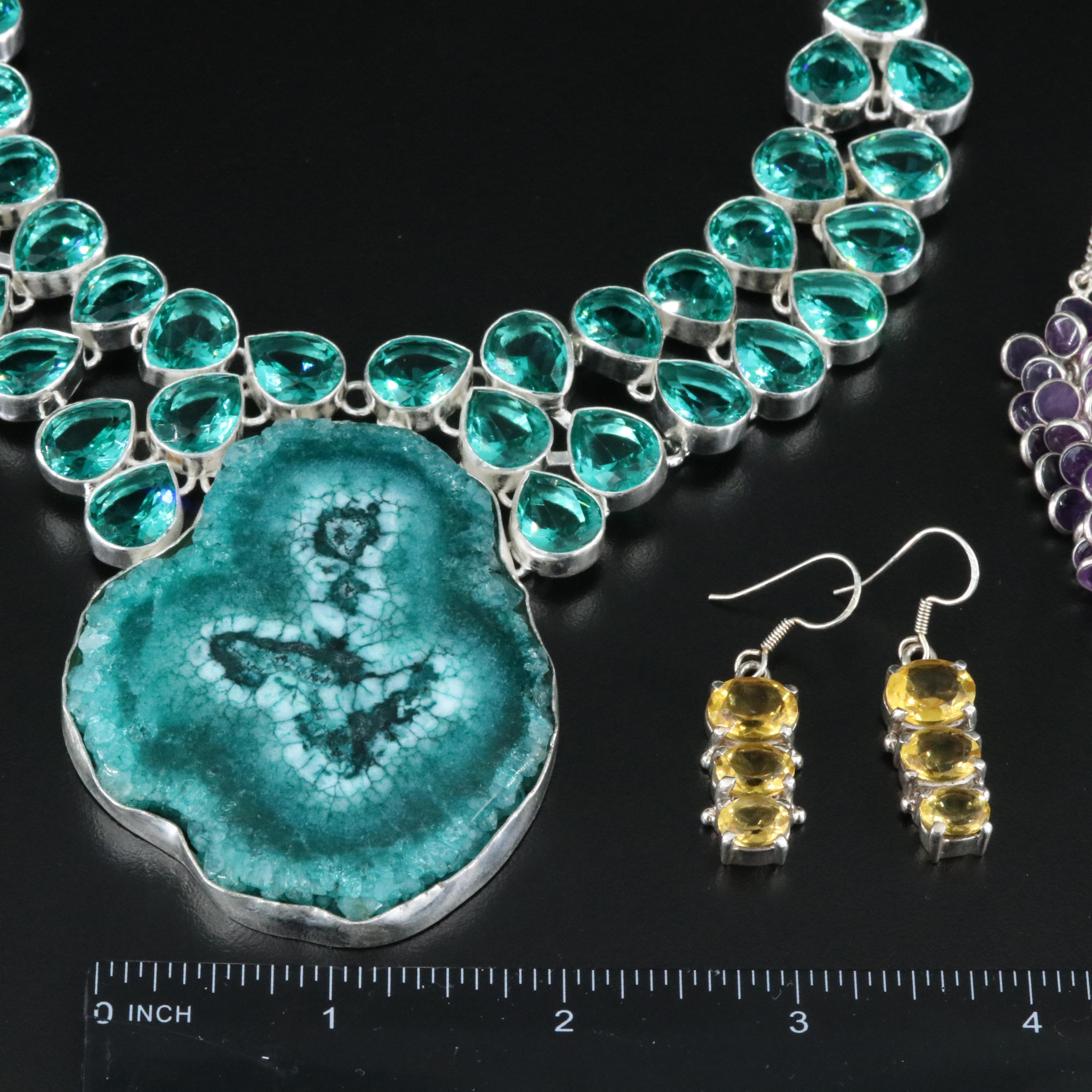 Collection of Gemstone Jewelry Including Sterling, Amethyst and Quartz