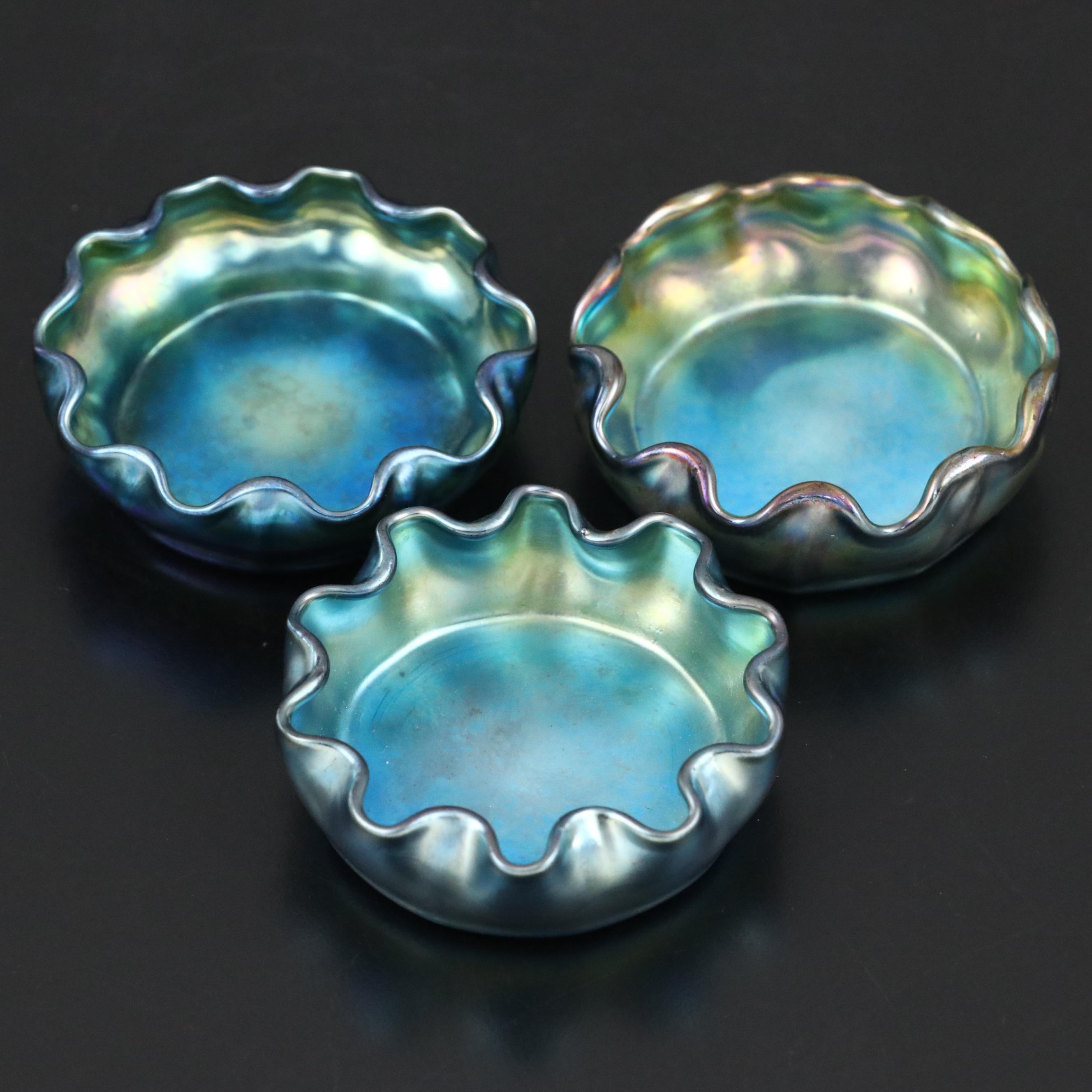 Louis Comfort Tiffany Iridescent Blue Favrile Glass Bowls/Salt Cellars