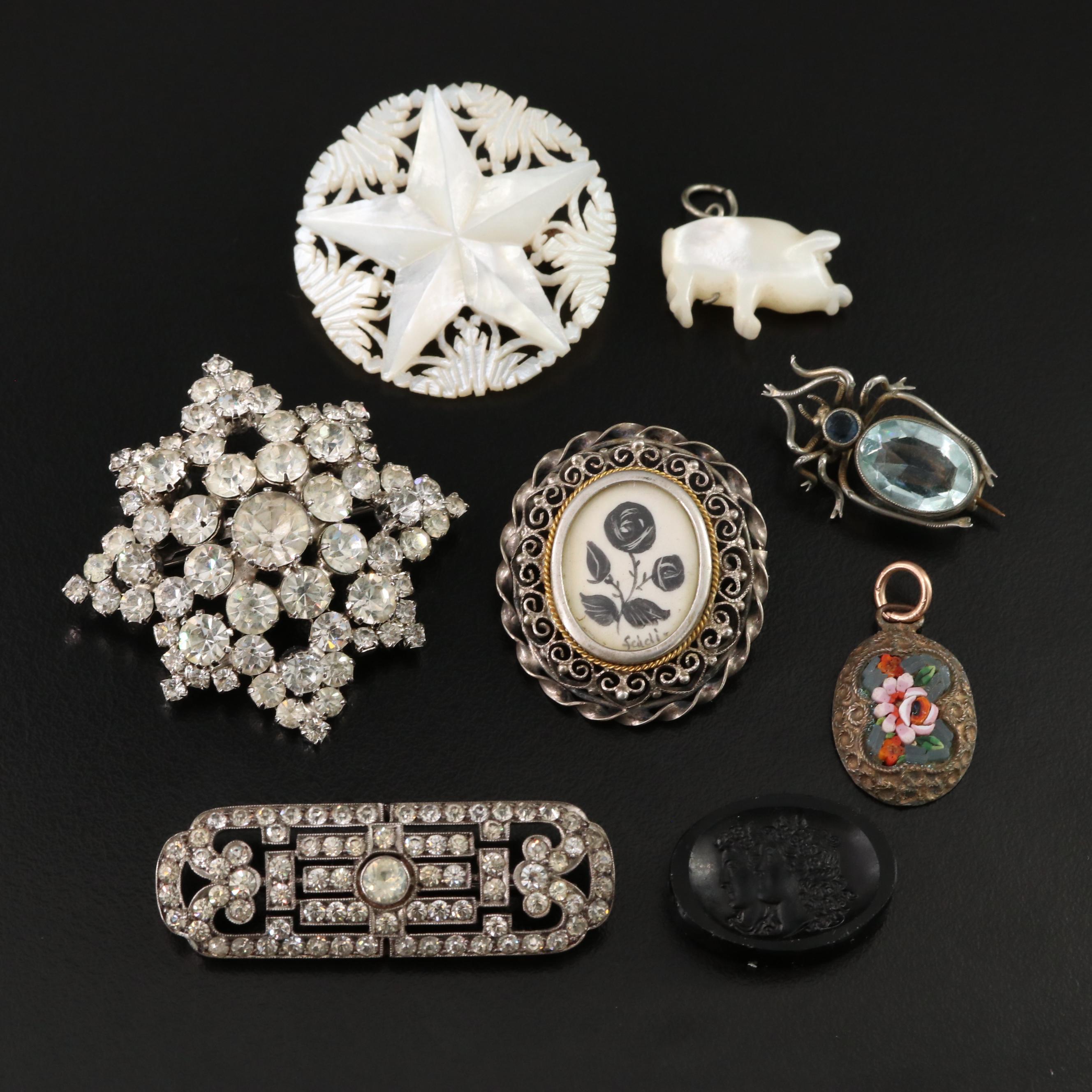 Antique/Vintage Brooch Collection Including French Jet Cameo