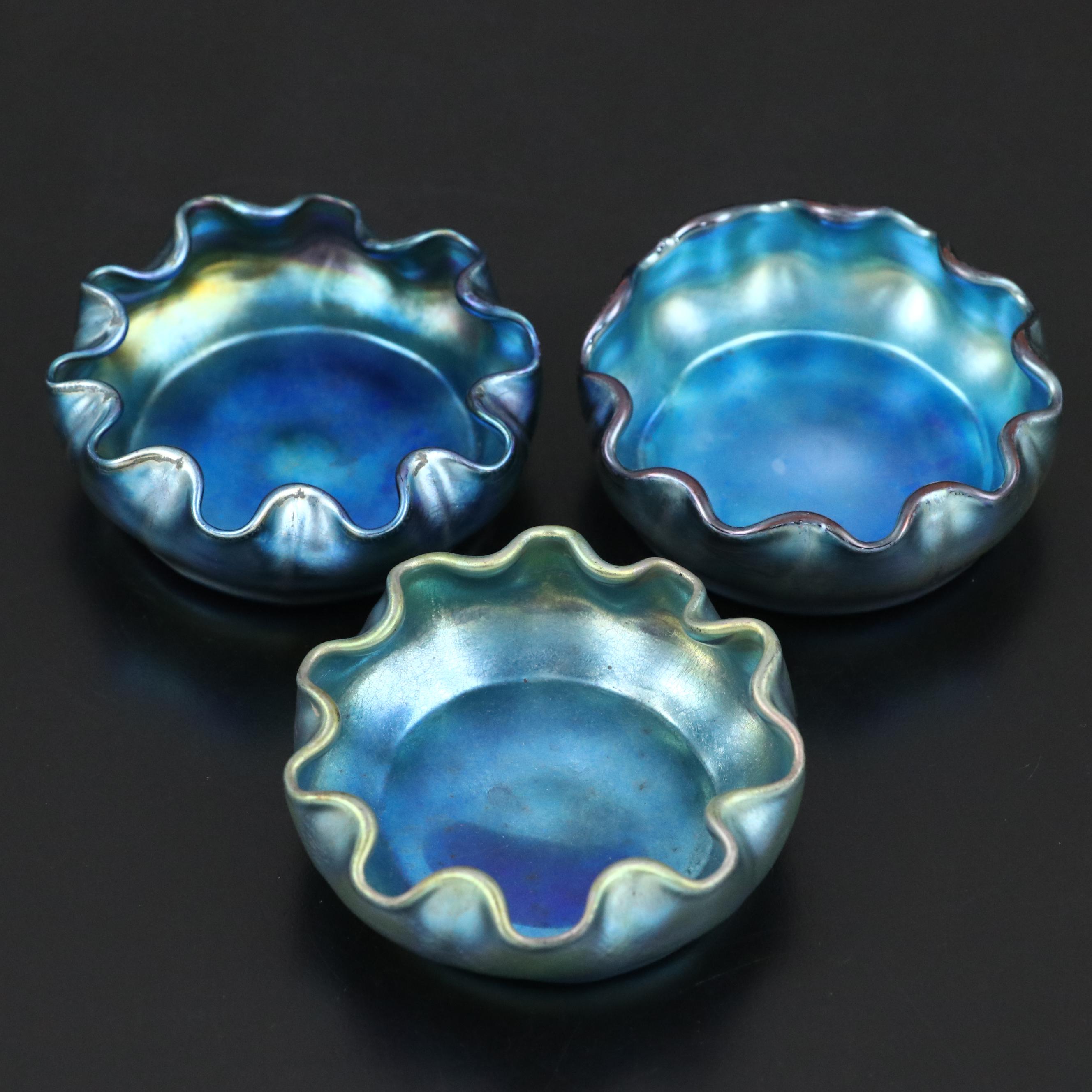 Louis Comfort Tiffany Favrile Glass Iridescent Blue Bowls/Salt Cellars