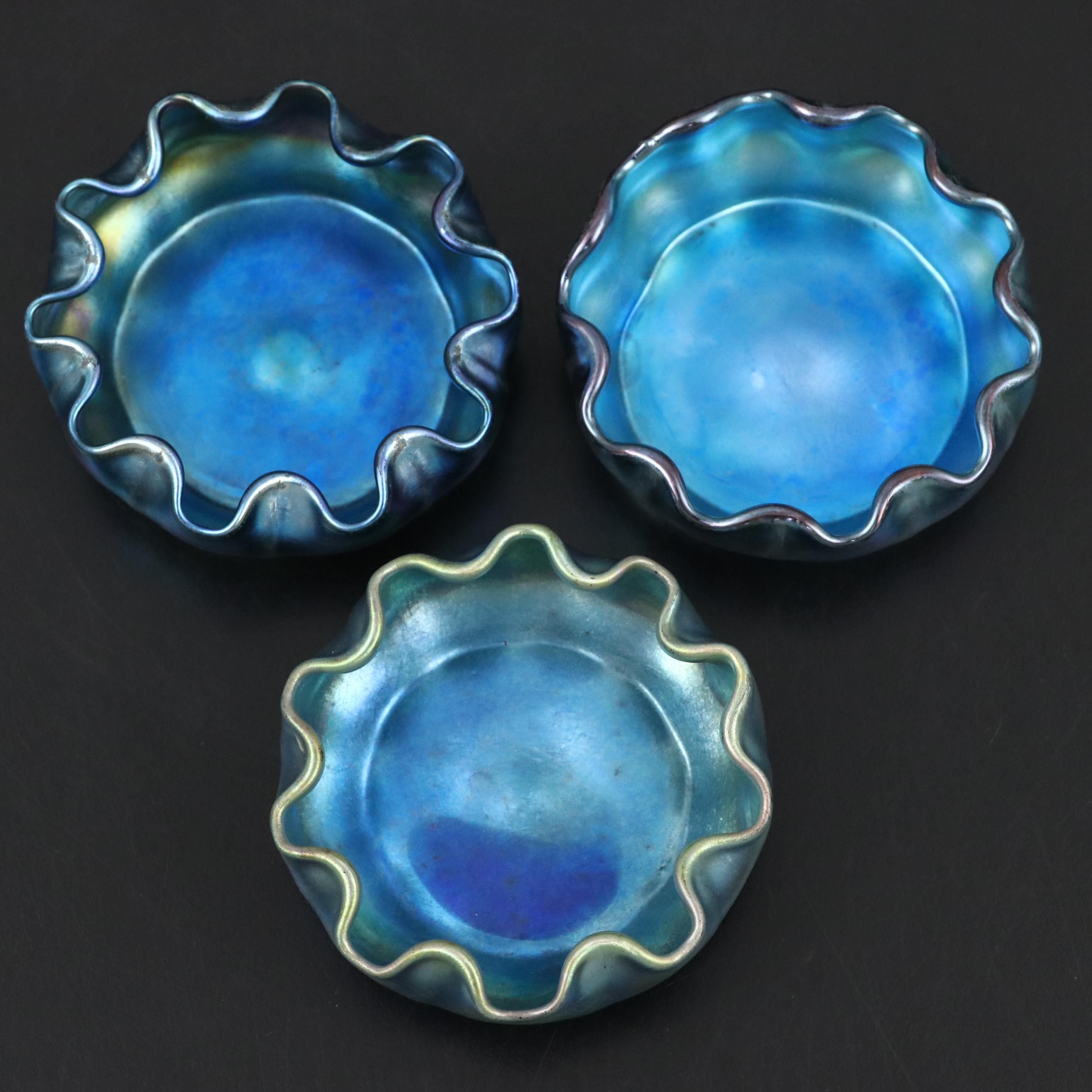Louis Comfort Tiffany Favrile Glass Iridescent Blue Bowls/Salt Cellars