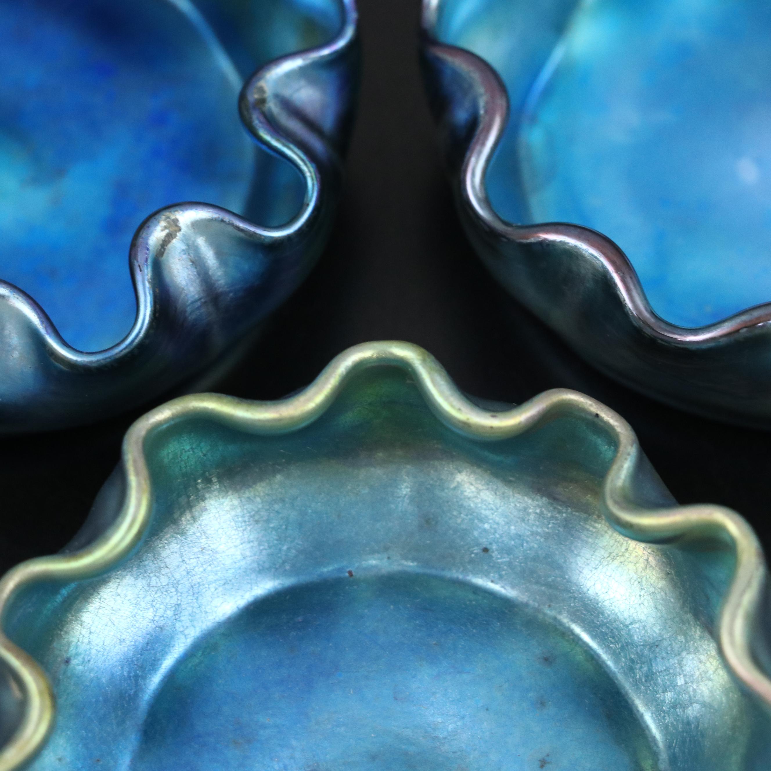 Louis Comfort Tiffany Favrile Glass Iridescent Blue Bowls/Salt Cellars