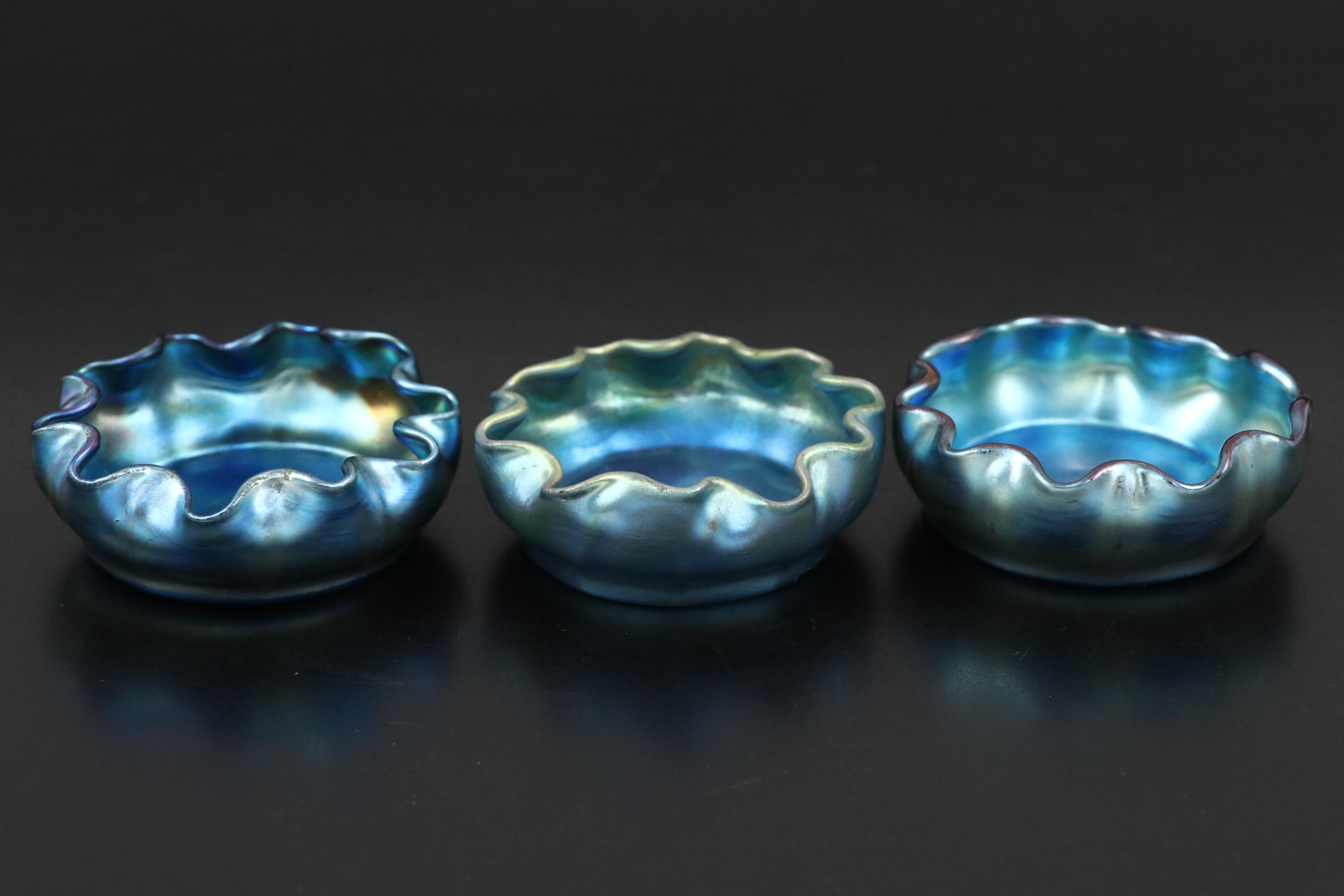 Louis Comfort Tiffany Favrile Glass Iridescent Blue Bowls/Salt Cellars