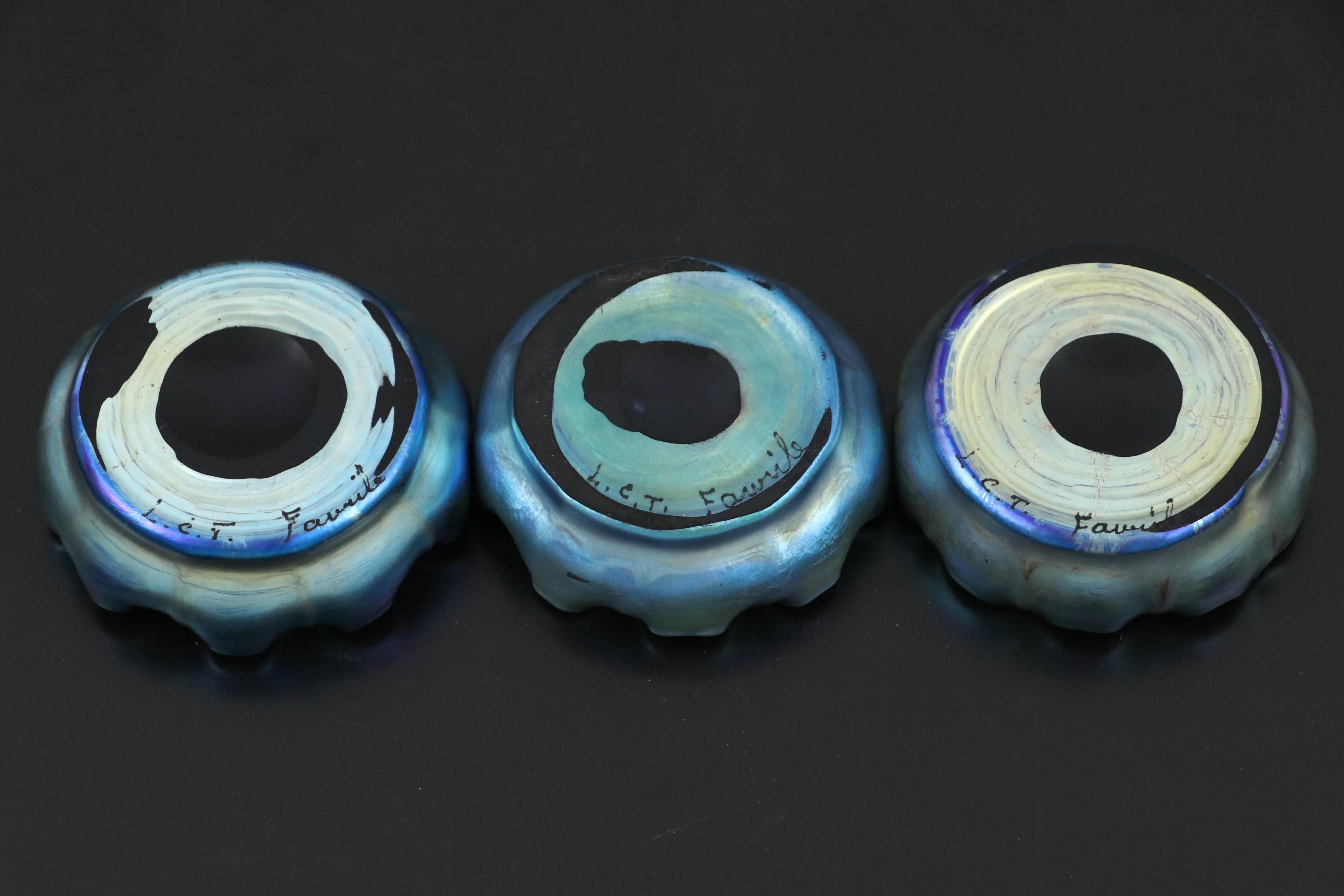 Louis Comfort Tiffany Favrile Glass Iridescent Blue Bowls/Salt Cellars