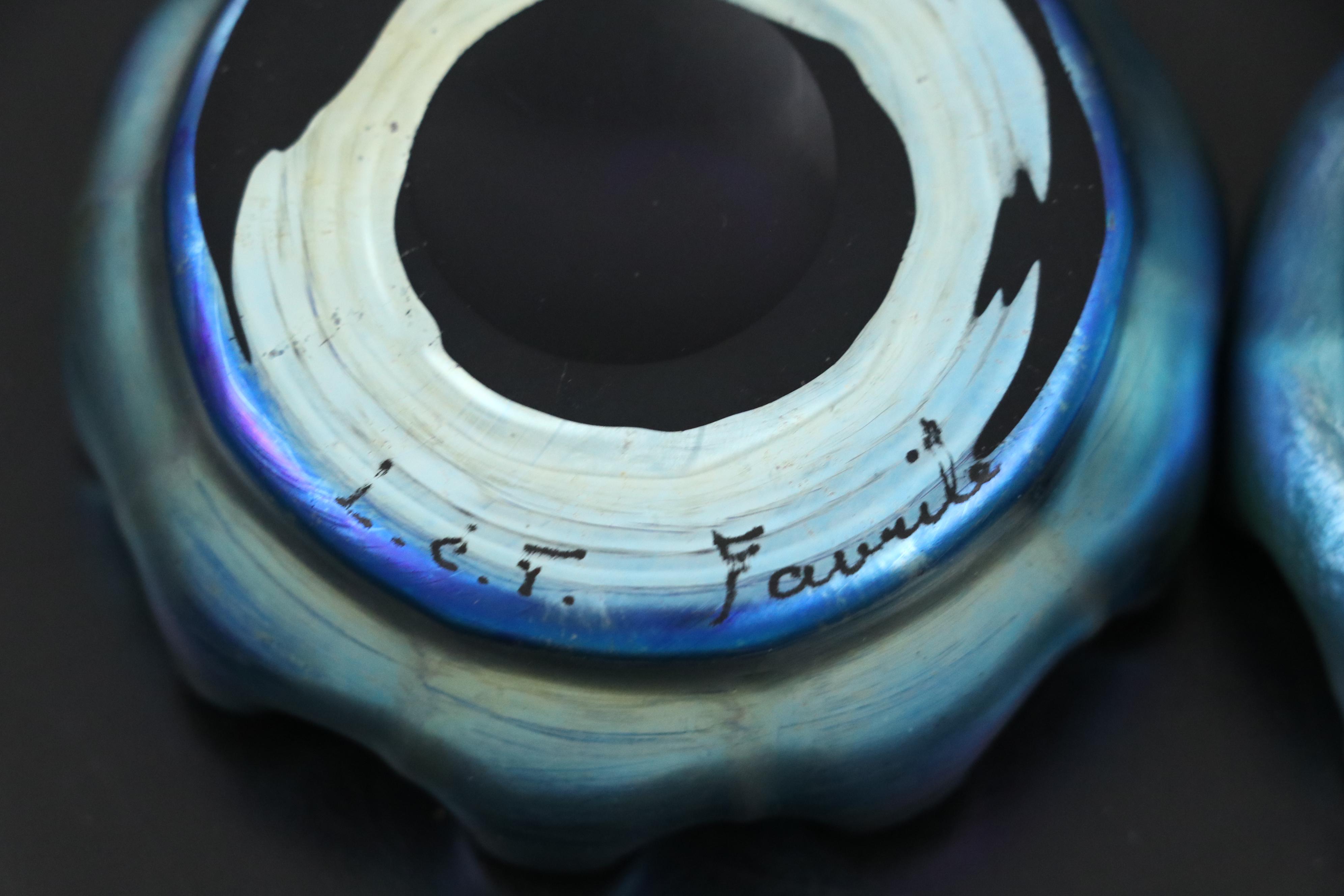 Louis Comfort Tiffany Favrile Glass Iridescent Blue Bowls/Salt Cellars
