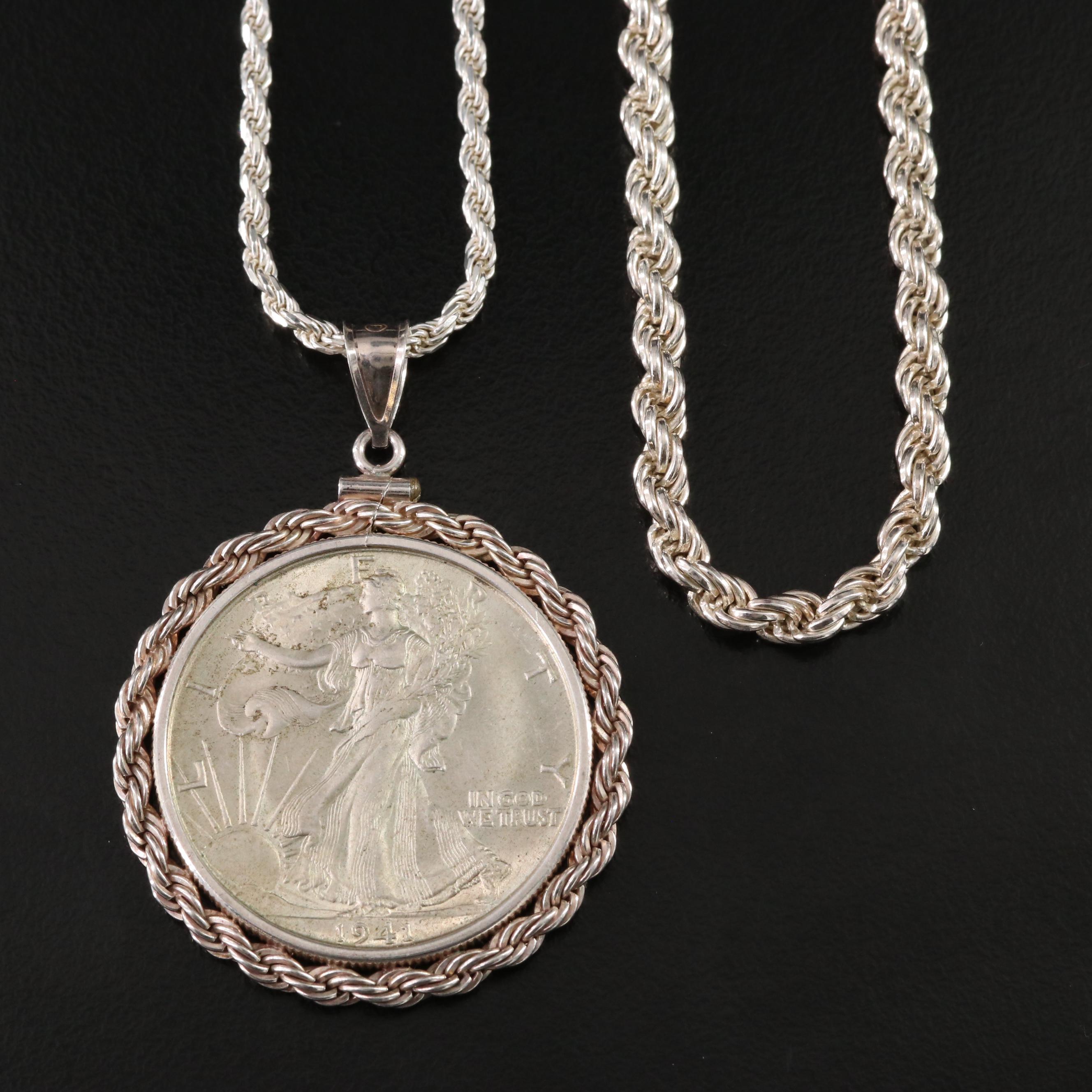 Sterling Necklaces with 1941 Walking Liberty Silver Half Dollar Coin Pendant