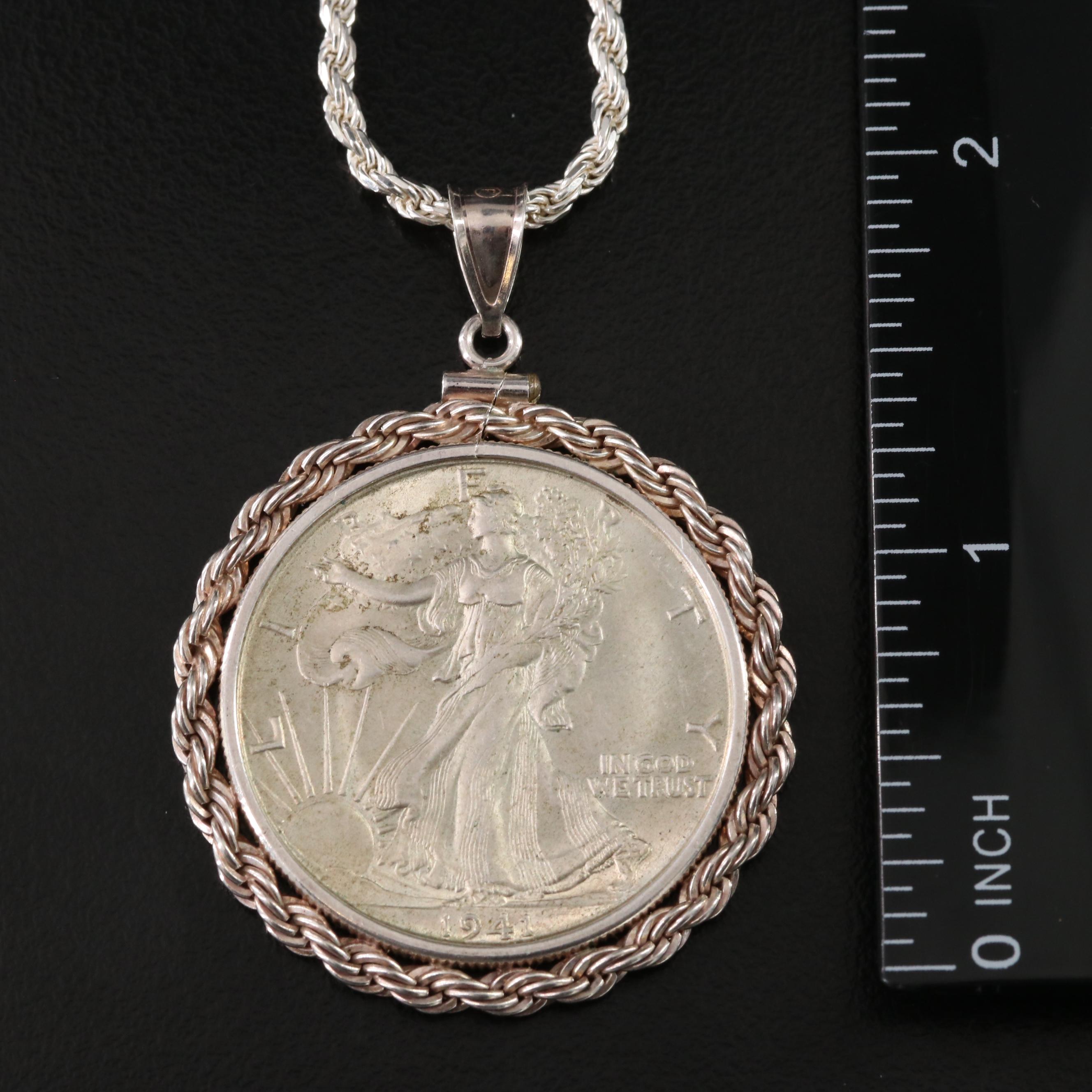 Sterling Necklaces with 1941 Walking Liberty Silver Half Dollar Coin Pendant