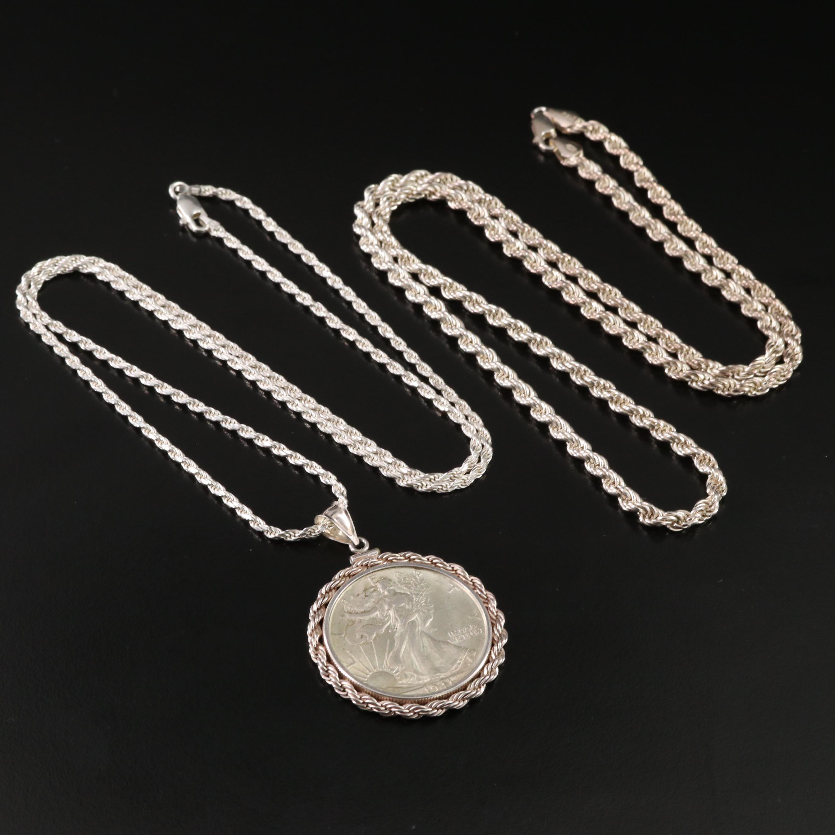 Sterling Necklaces with 1941 Walking Liberty Silver Half Dollar Coin Pendant