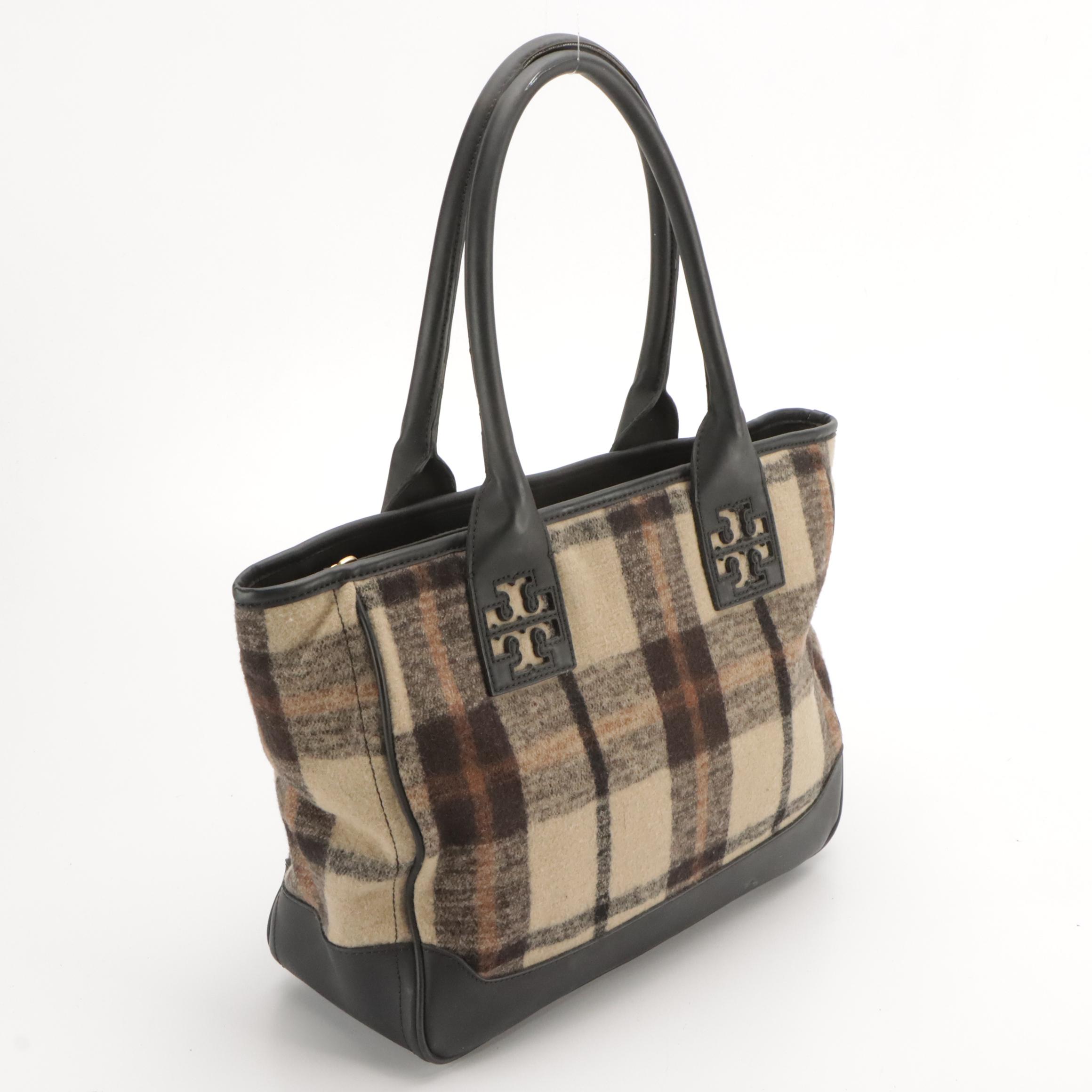 Tory Burch Plaid Wool and Leather Tote