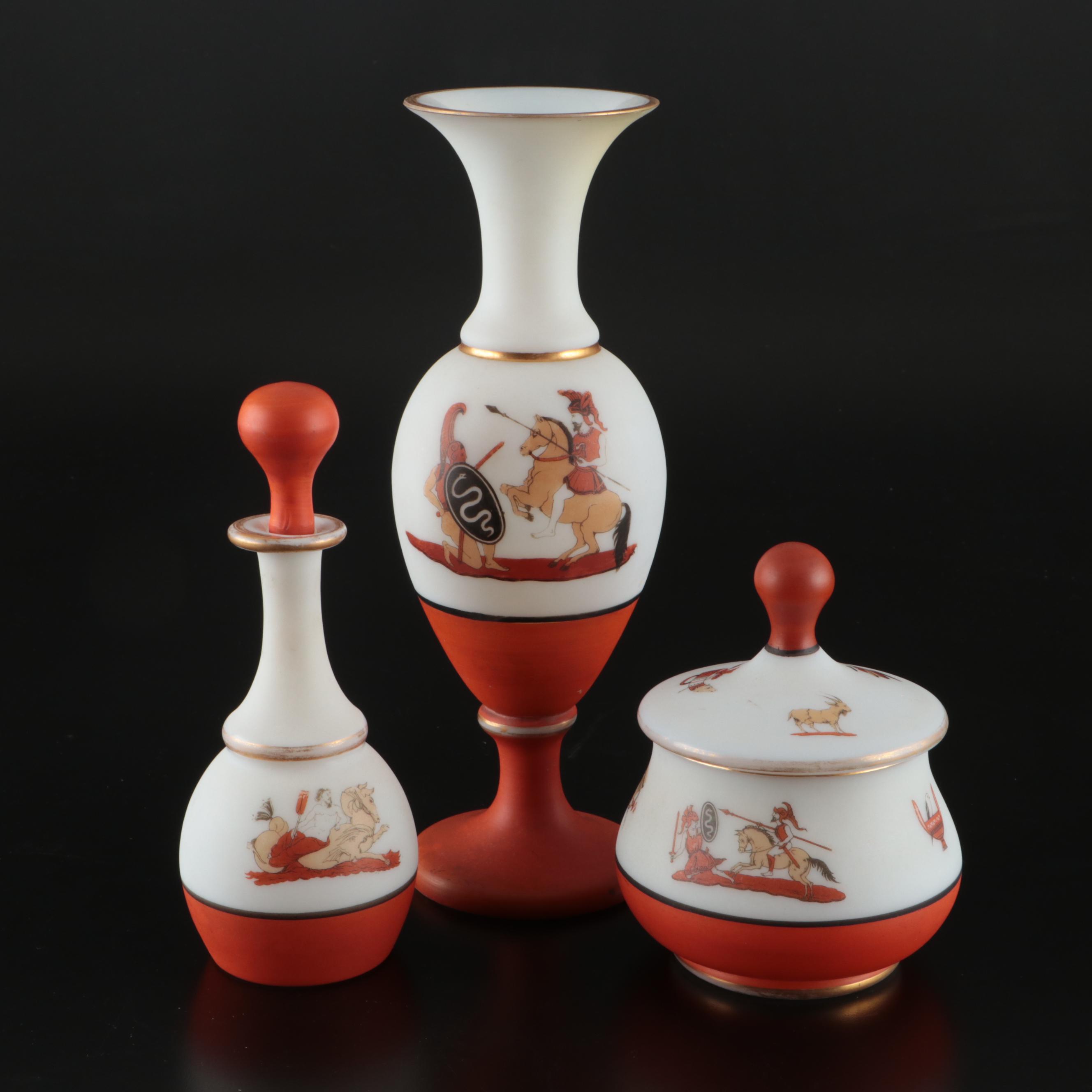 Victorian Greco-Roman Pattern Opaline Glass Vase and Vanity Accessories