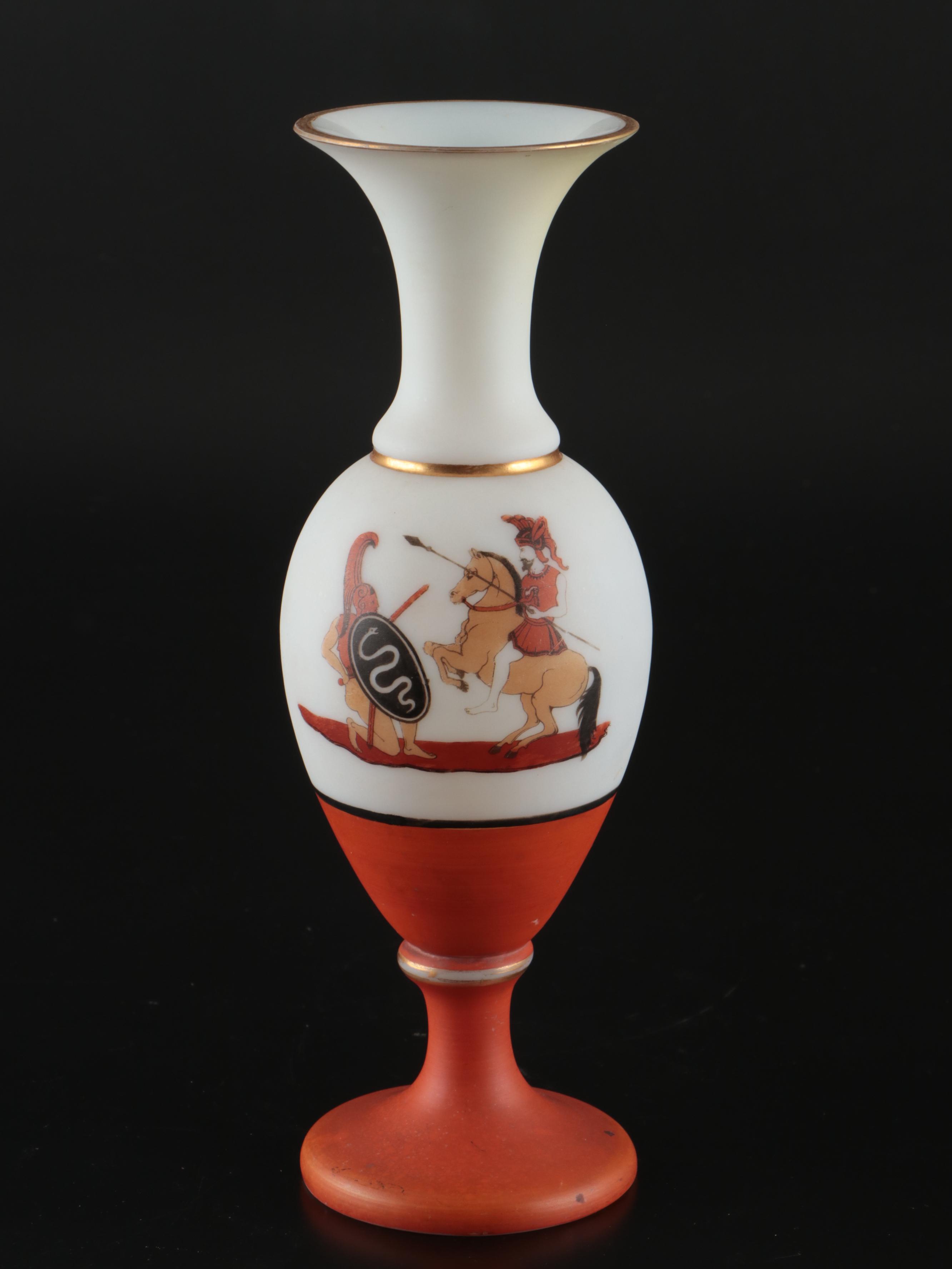 Victorian Greco-Roman Pattern Opaline Glass Vase and Vanity Accessories