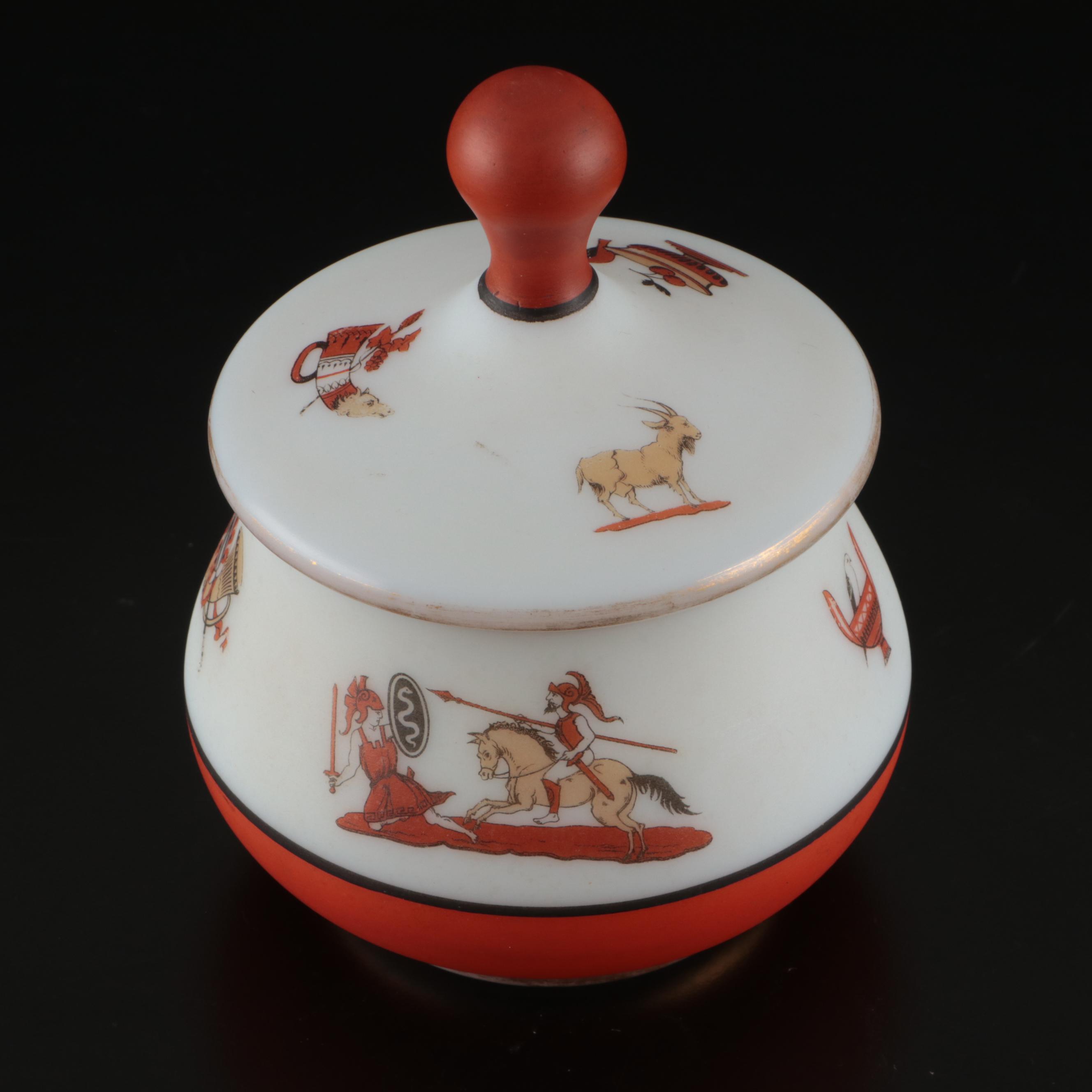 Victorian Greco-Roman Pattern Opaline Glass Vase and Vanity Accessories