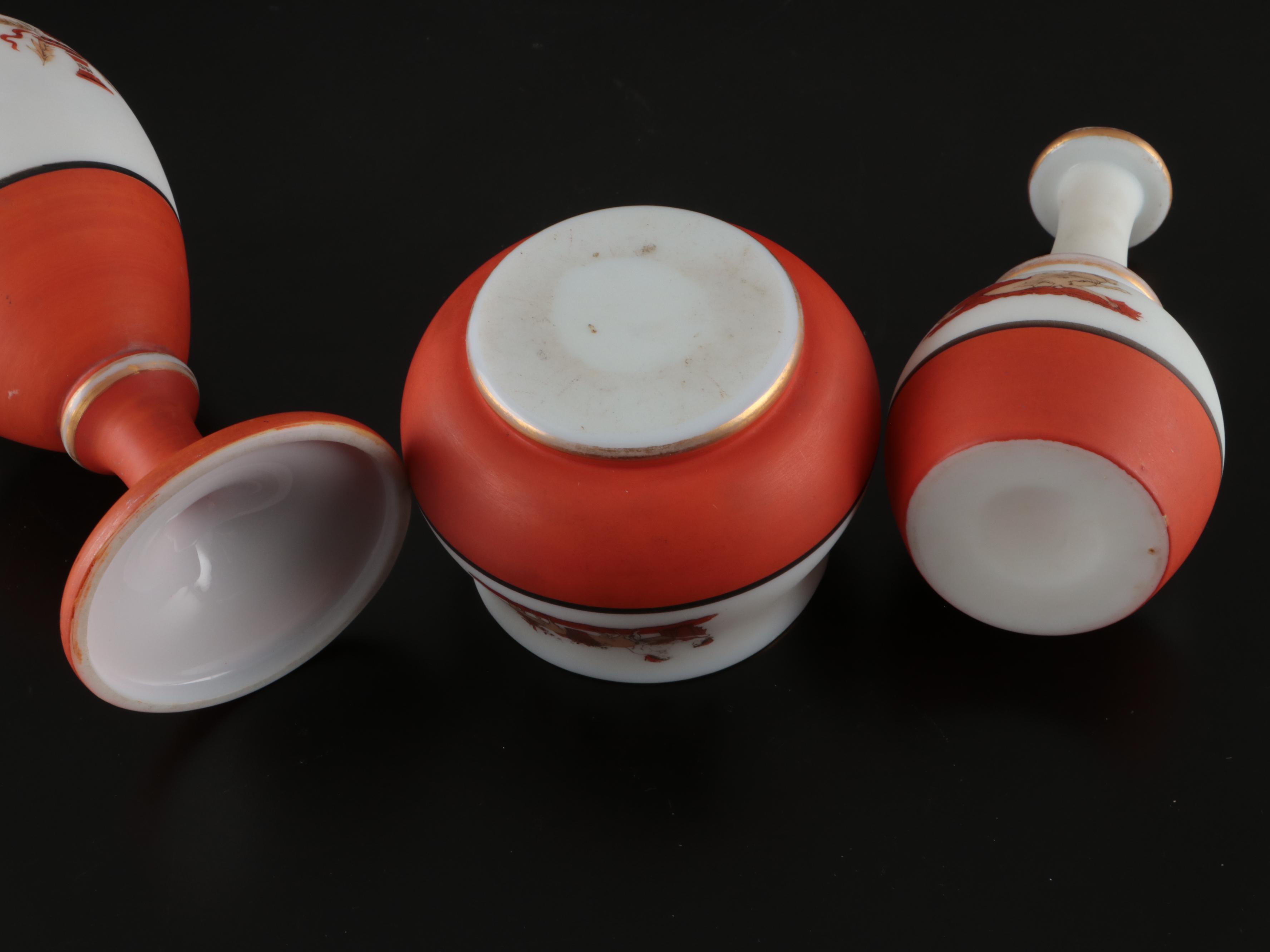 Victorian Greco-Roman Pattern Opaline Glass Vase and Vanity Accessories