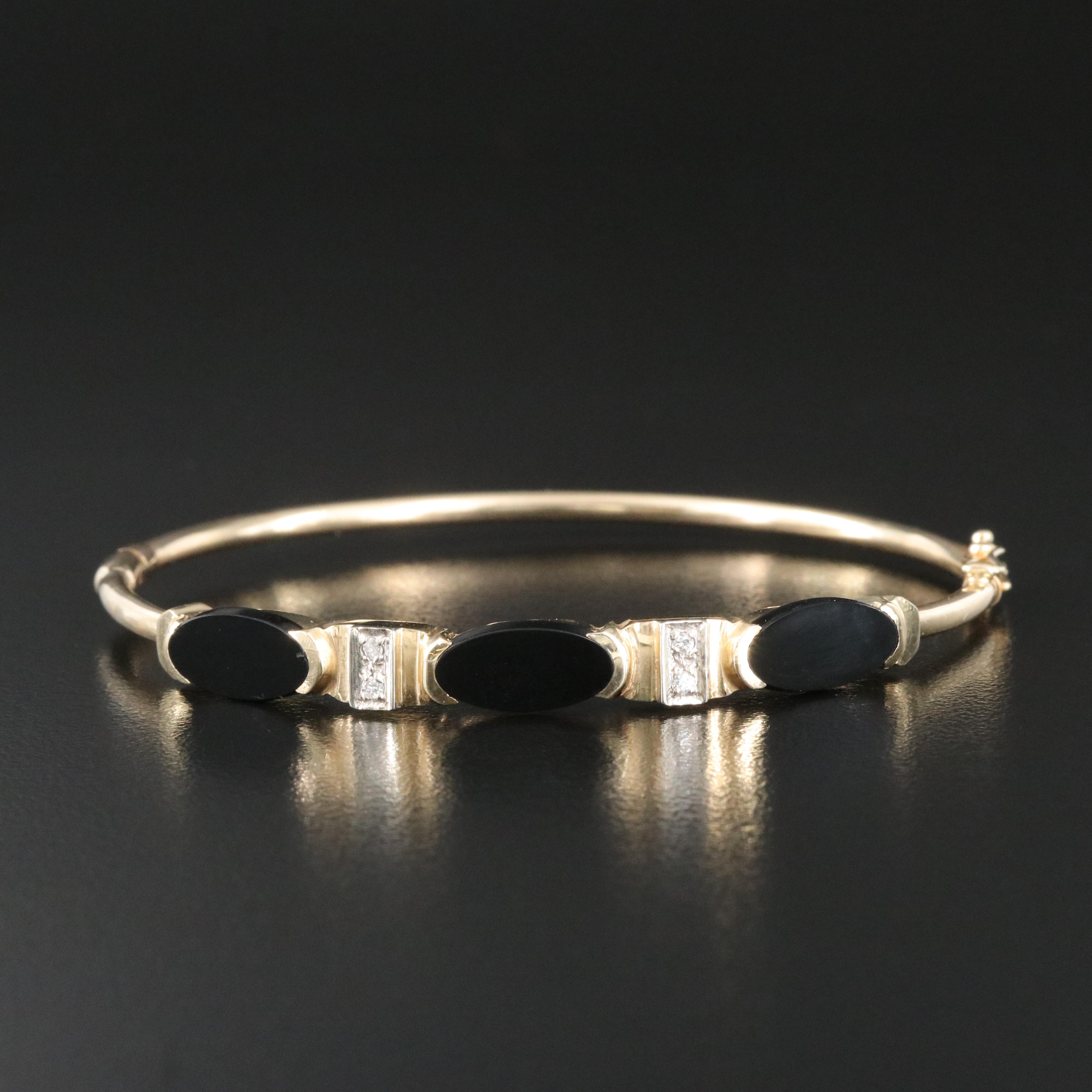14K Black Onyx and Diamond Hinged Bangle Bracelet