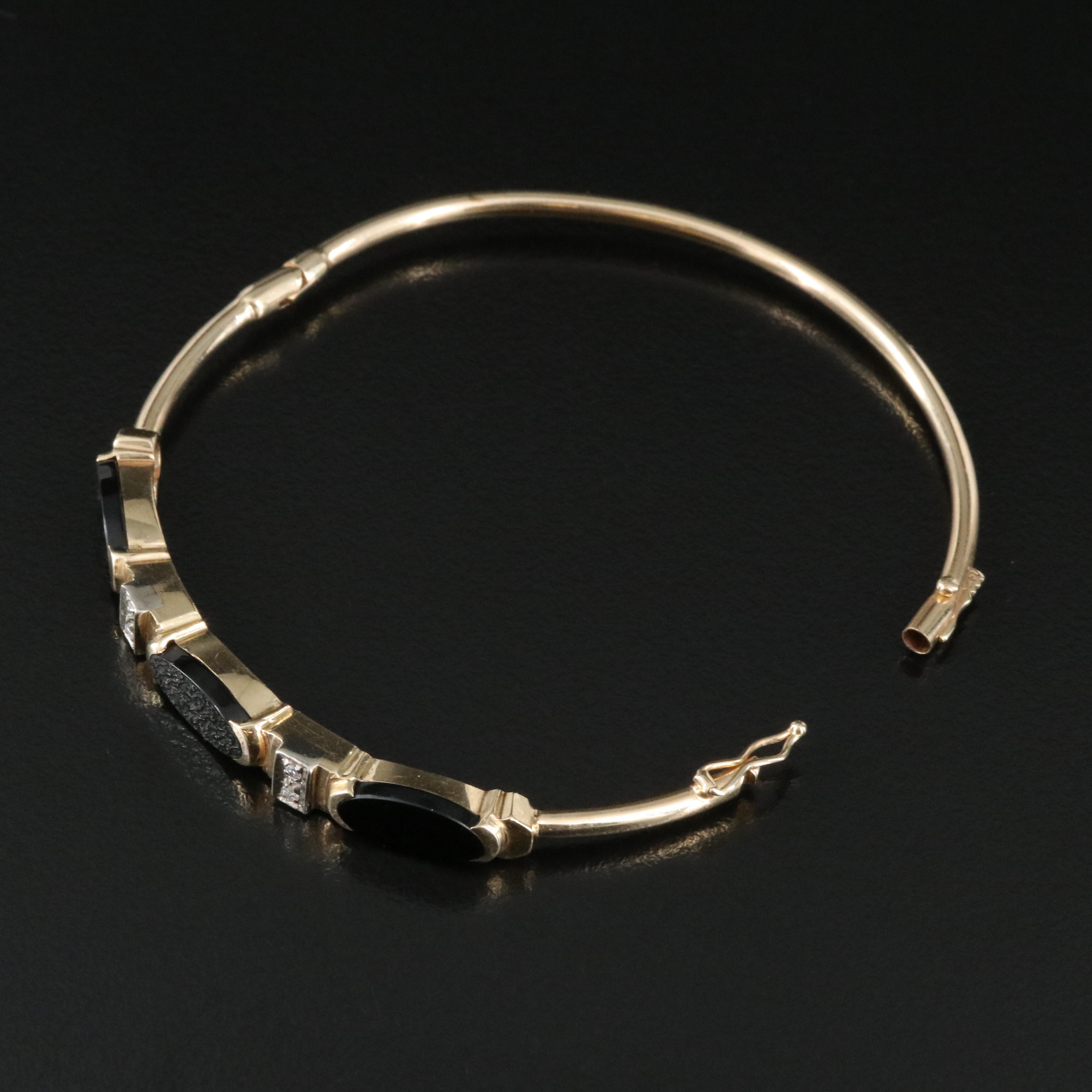 14K Black Onyx and Diamond Hinged Bangle Bracelet