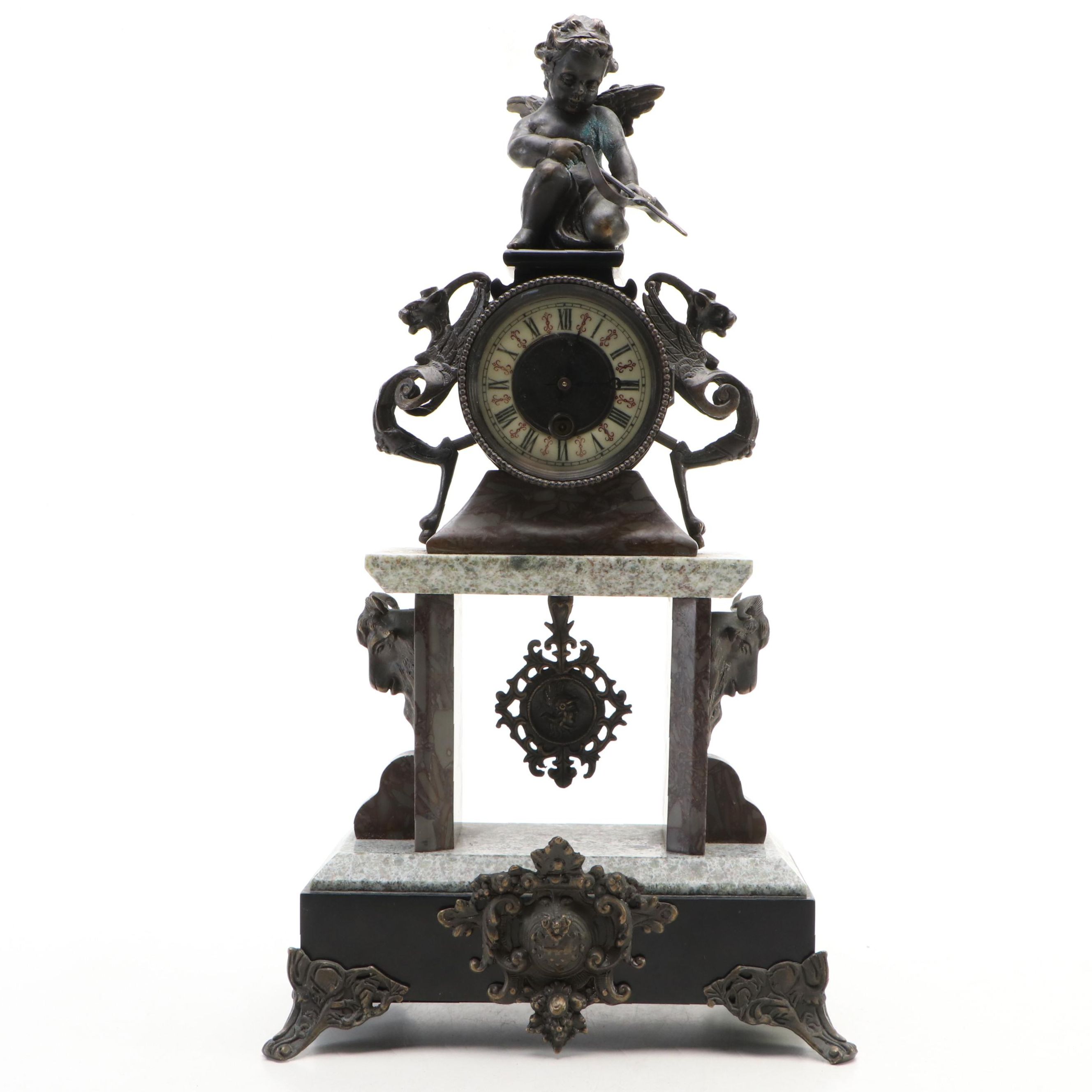 French Art Nouveau Style Cherub Topped Pendulum Mantel Clock, 20th Century