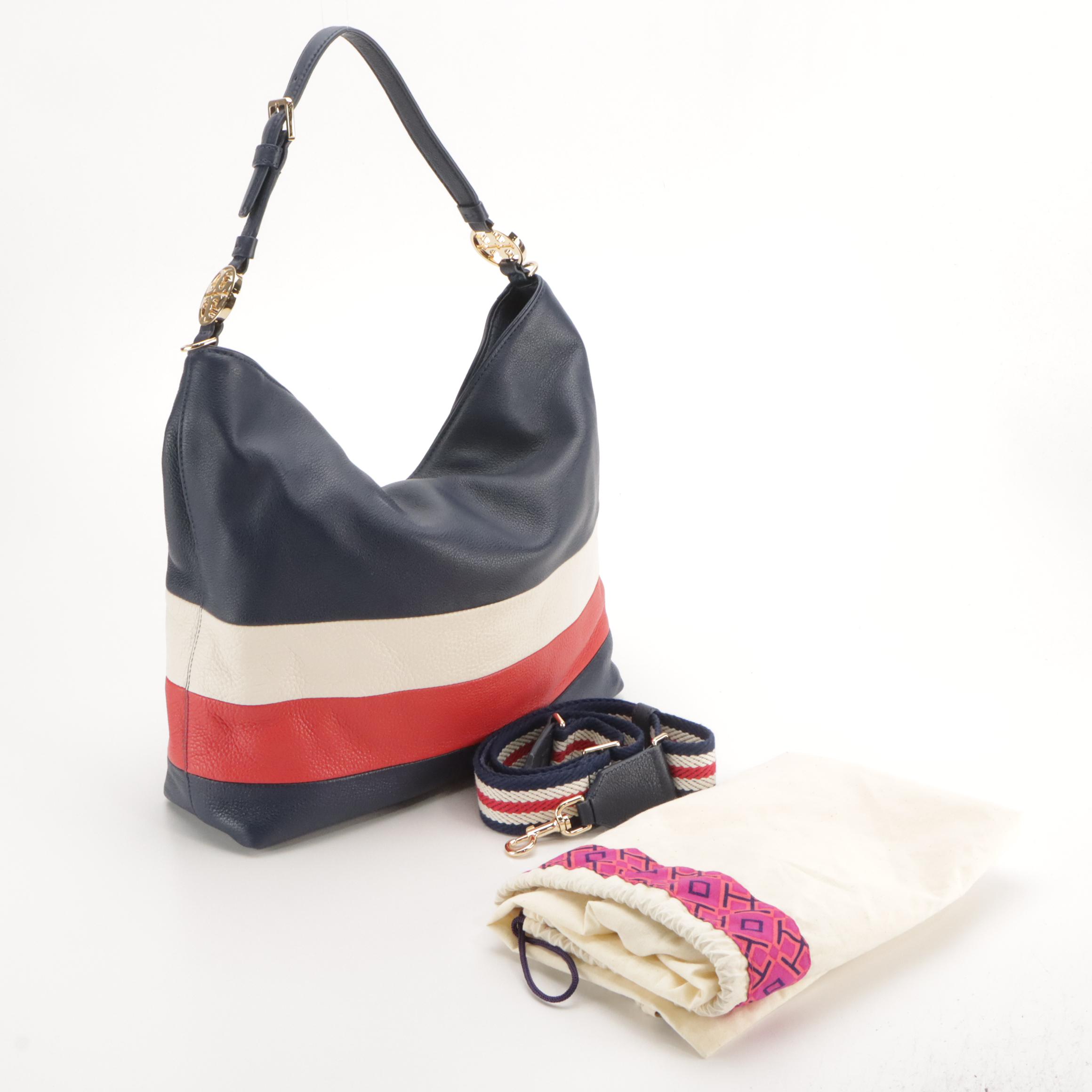 Tory Burch Duet Stripe Hobo Two-Way Bag in Red, White and Blue Leather, With Tag