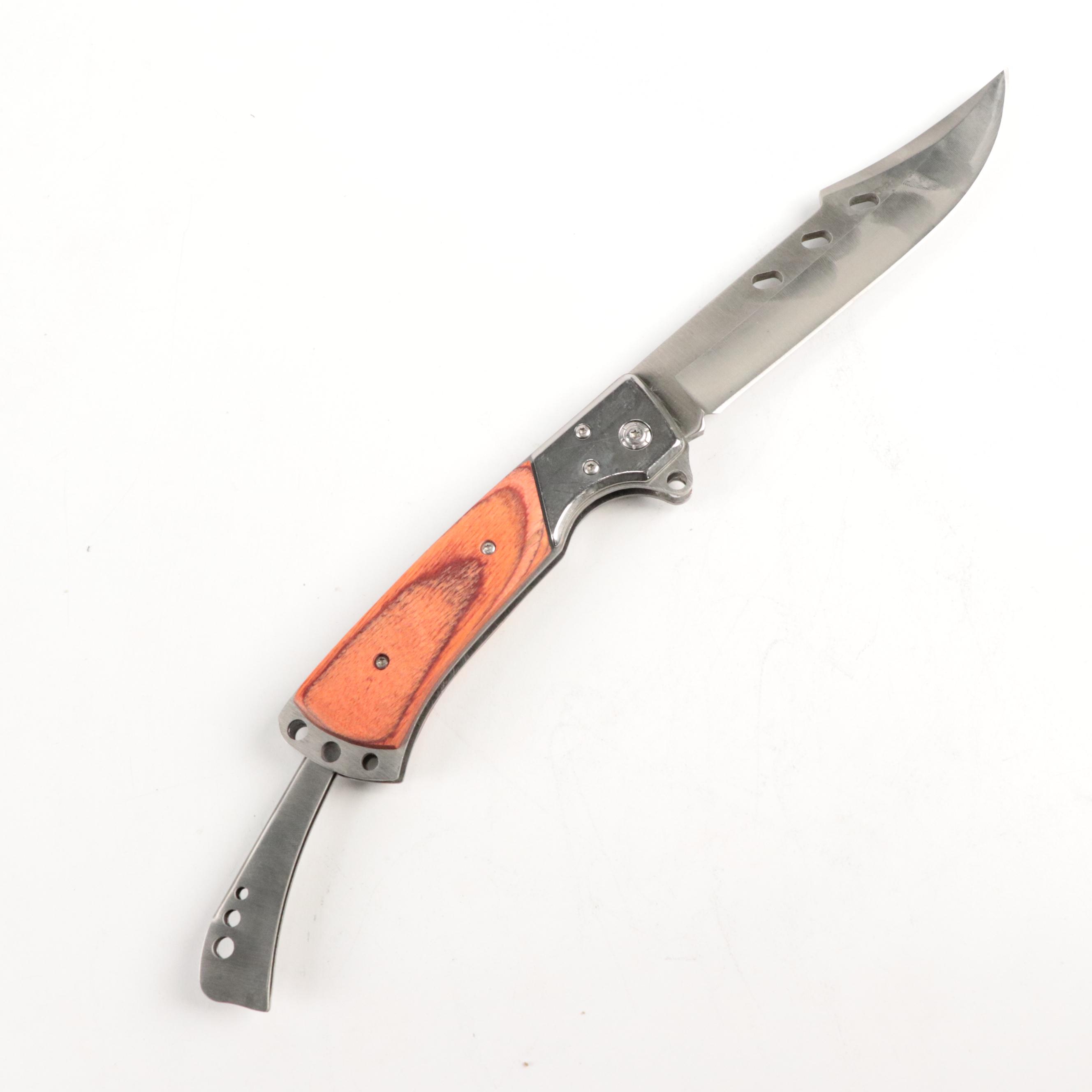 Wooden Handled Fixed Blade Knives and Folding Knife in Scabbards