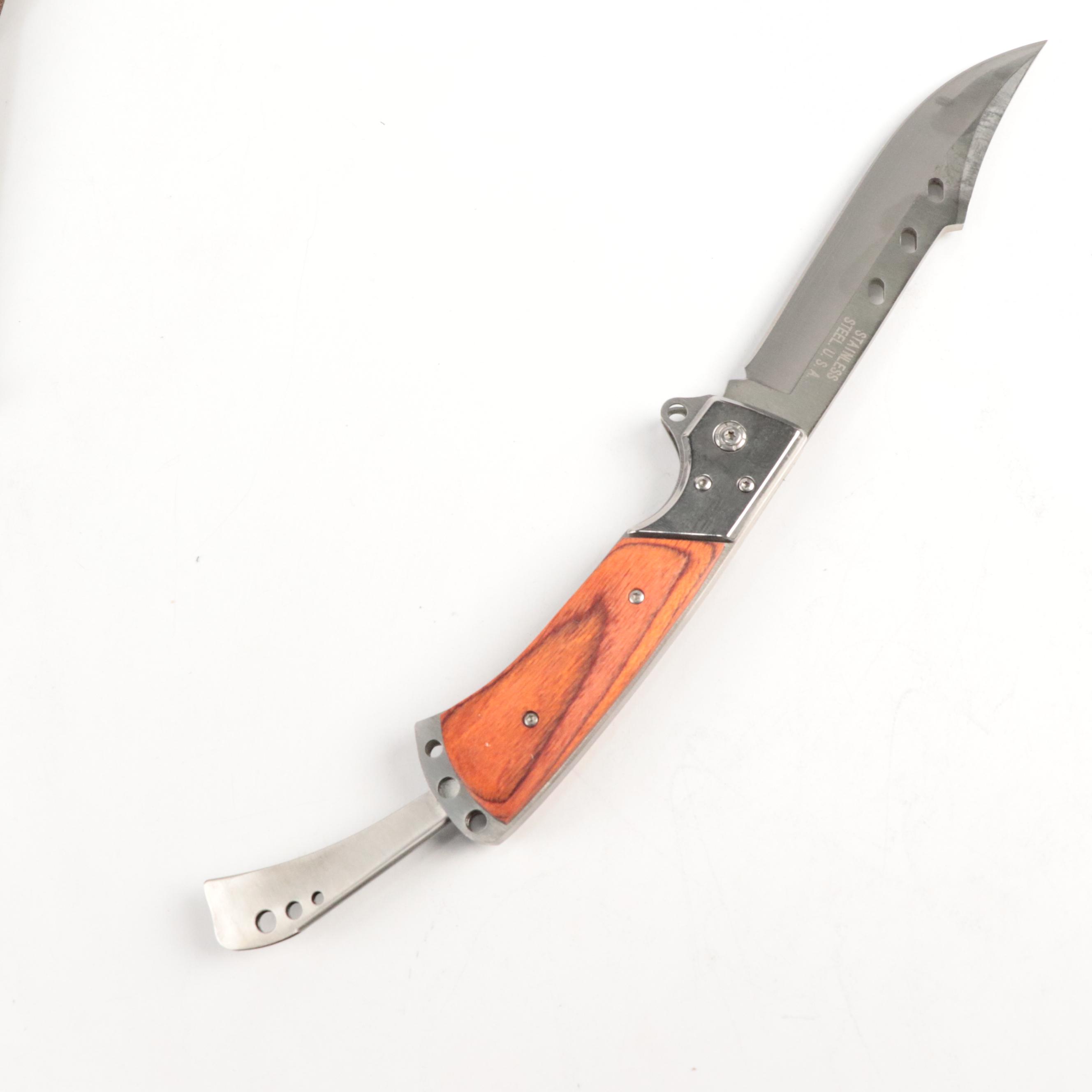 Wooden Handled Fixed Blade Knives and Folding Knife in Scabbards