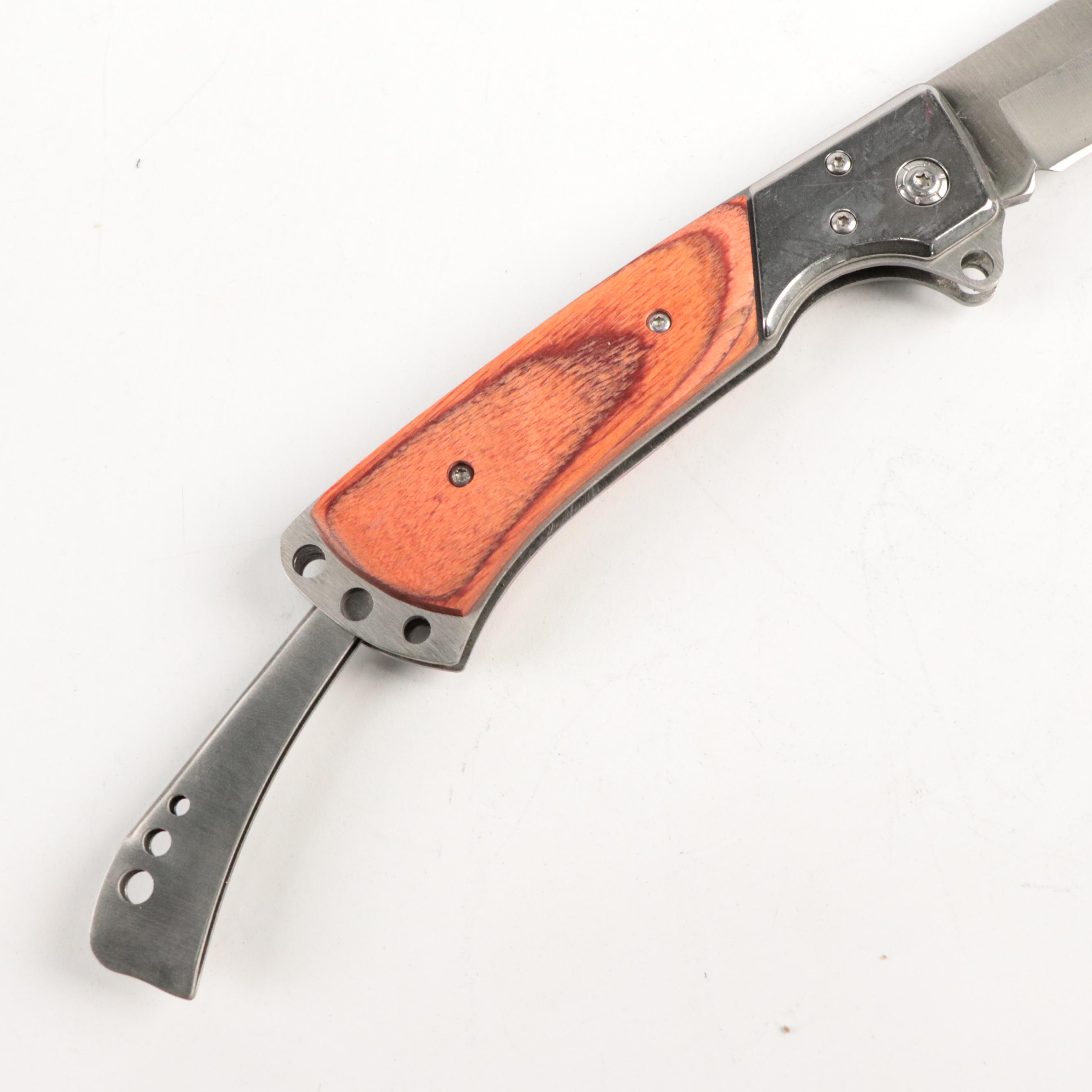 Wooden Handled Fixed Blade Knives and Folding Knife in Scabbards