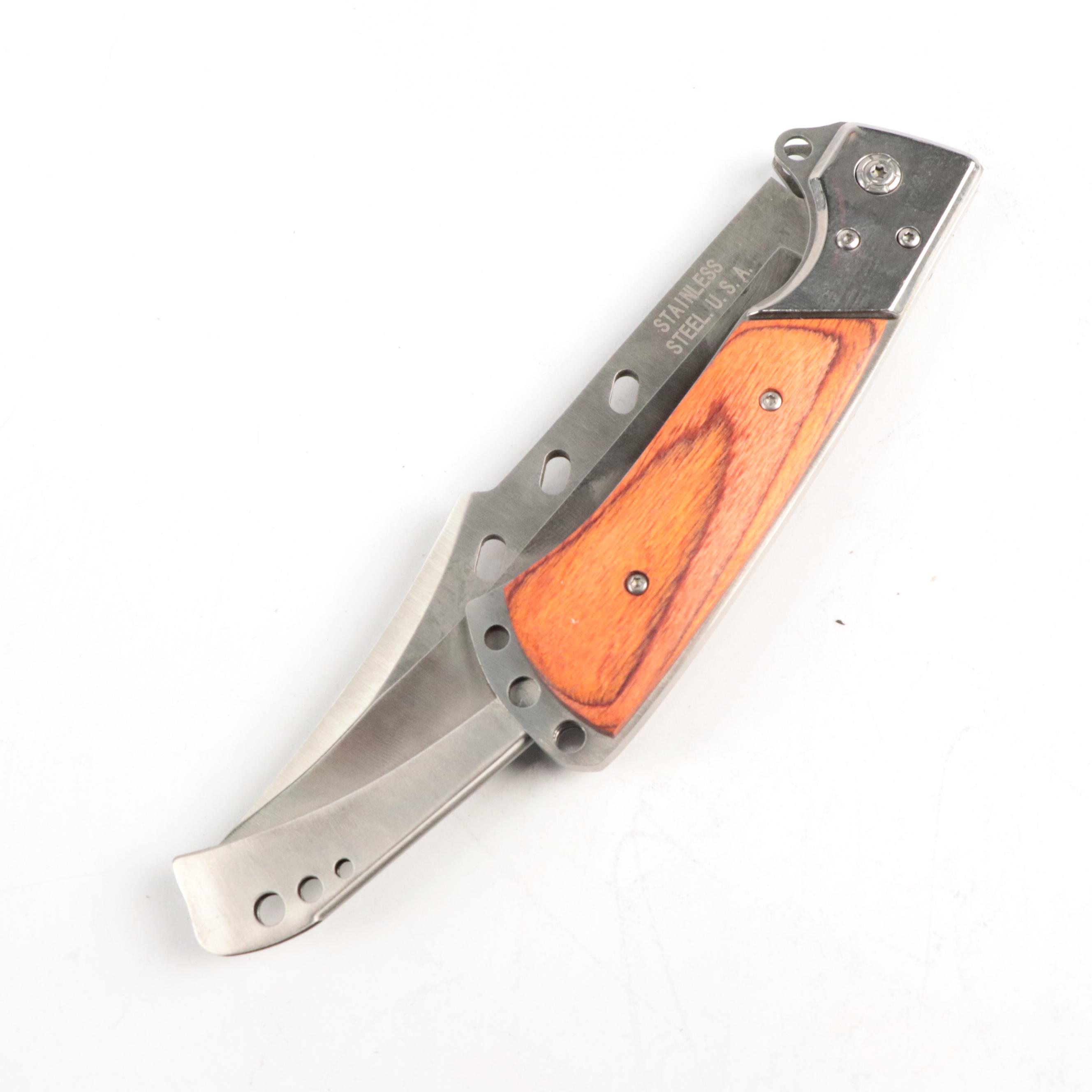 Wooden Handled Fixed Blade Knives and Folding Knife in Scabbards