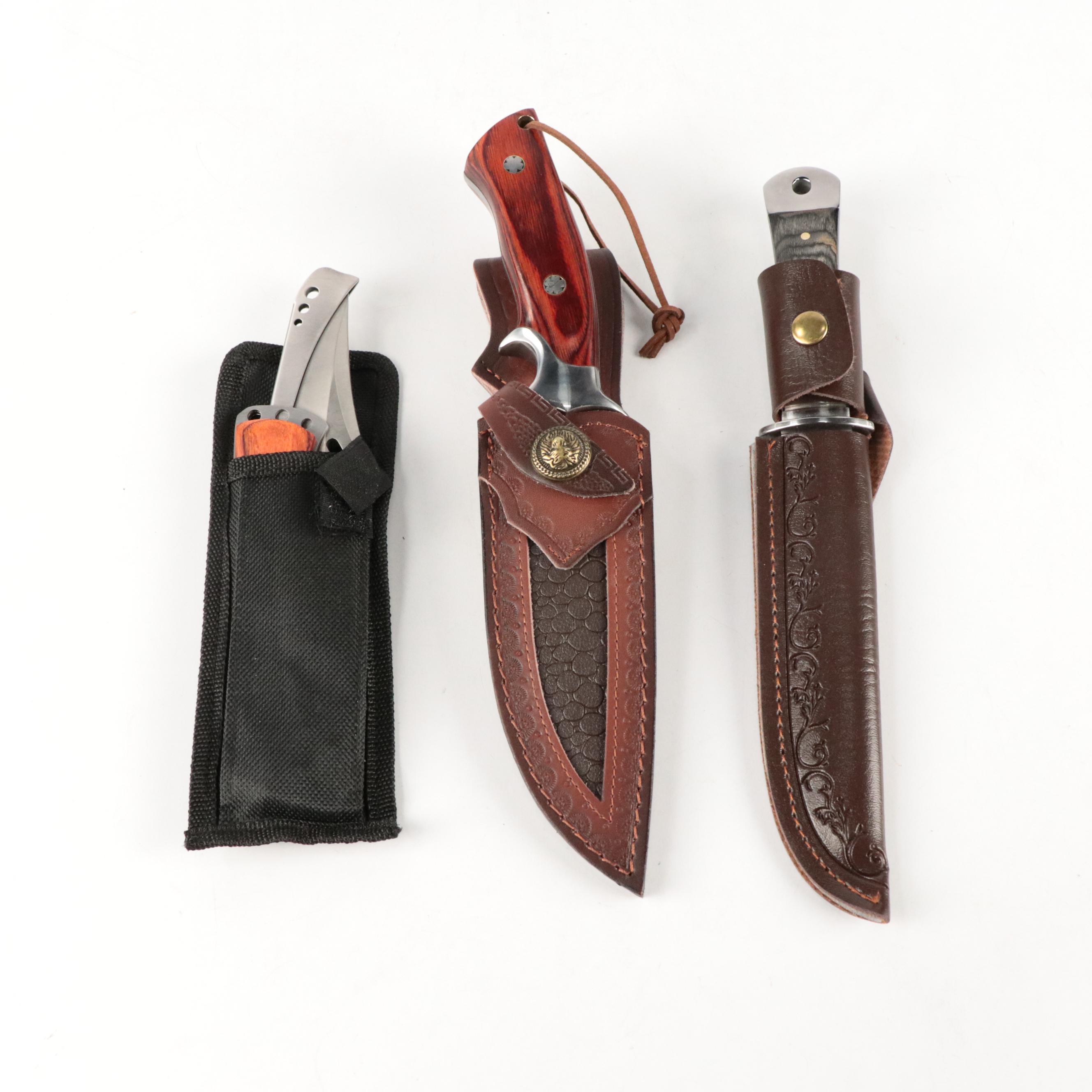 Wooden Handled Fixed Blade Knives and Folding Knife in Scabbards