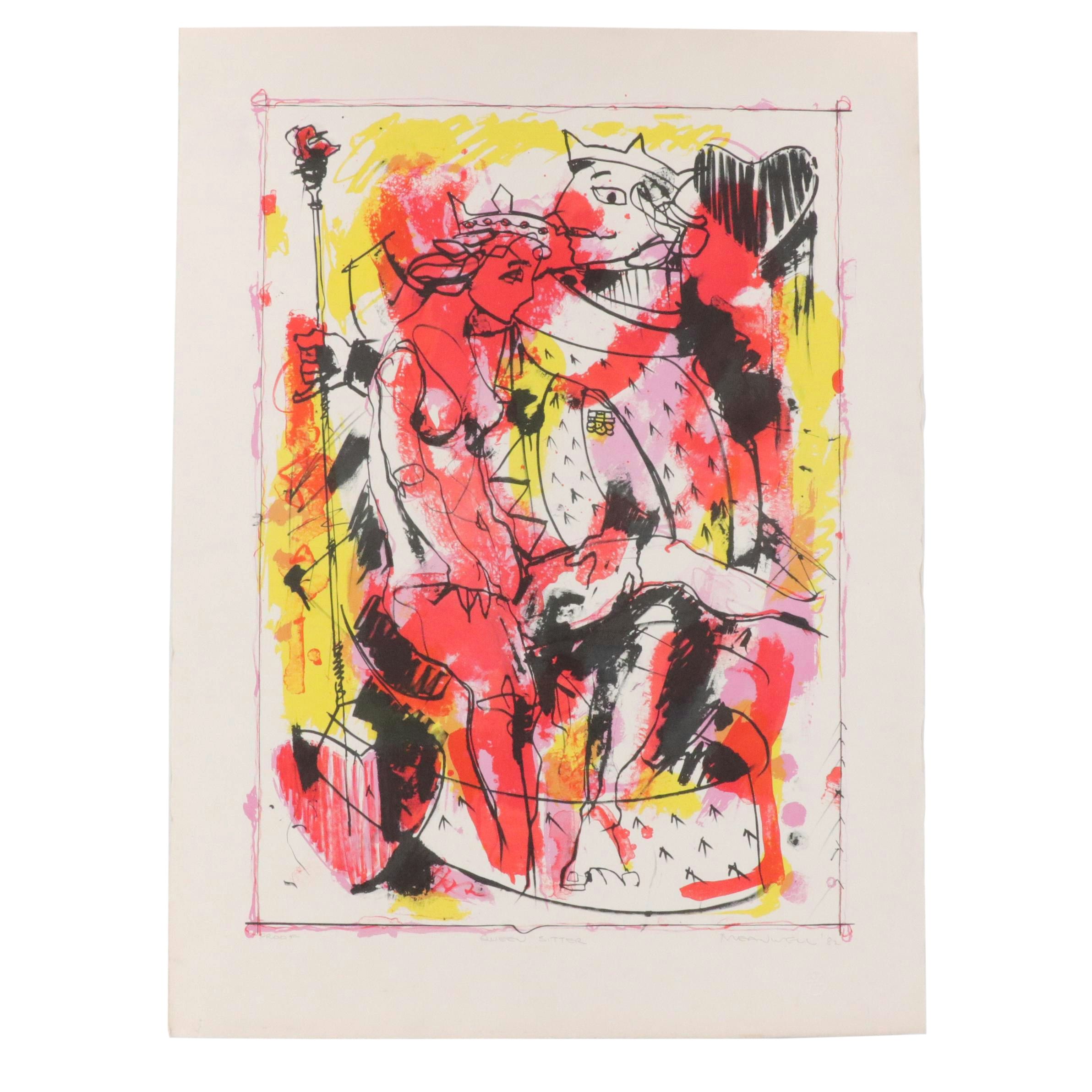 Jack Meanwell Figural Modern Lithograph "Queen Sitter," 1982