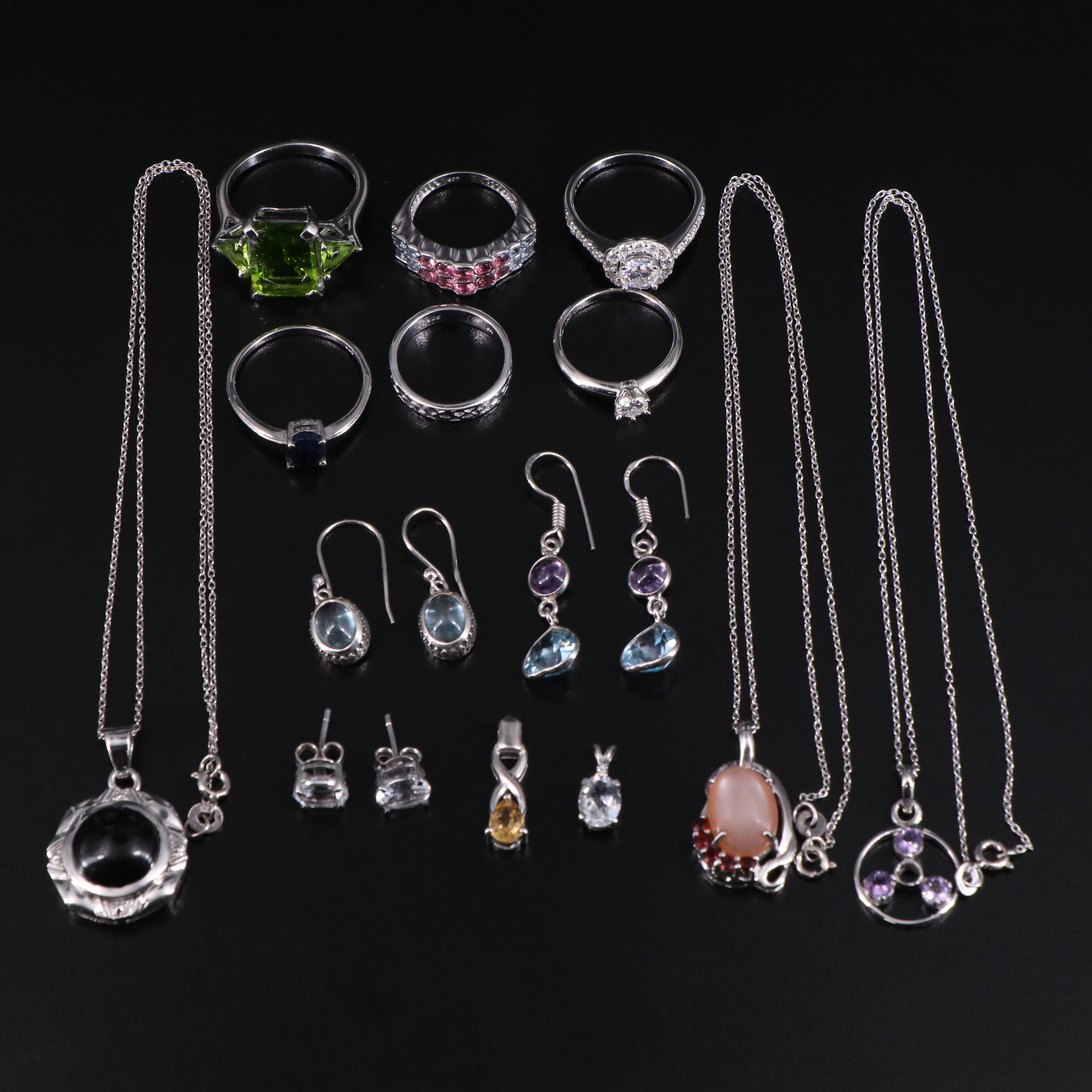 14 Assorted Sterling Silver Rings, Necklaces, Earrings, and Pendants