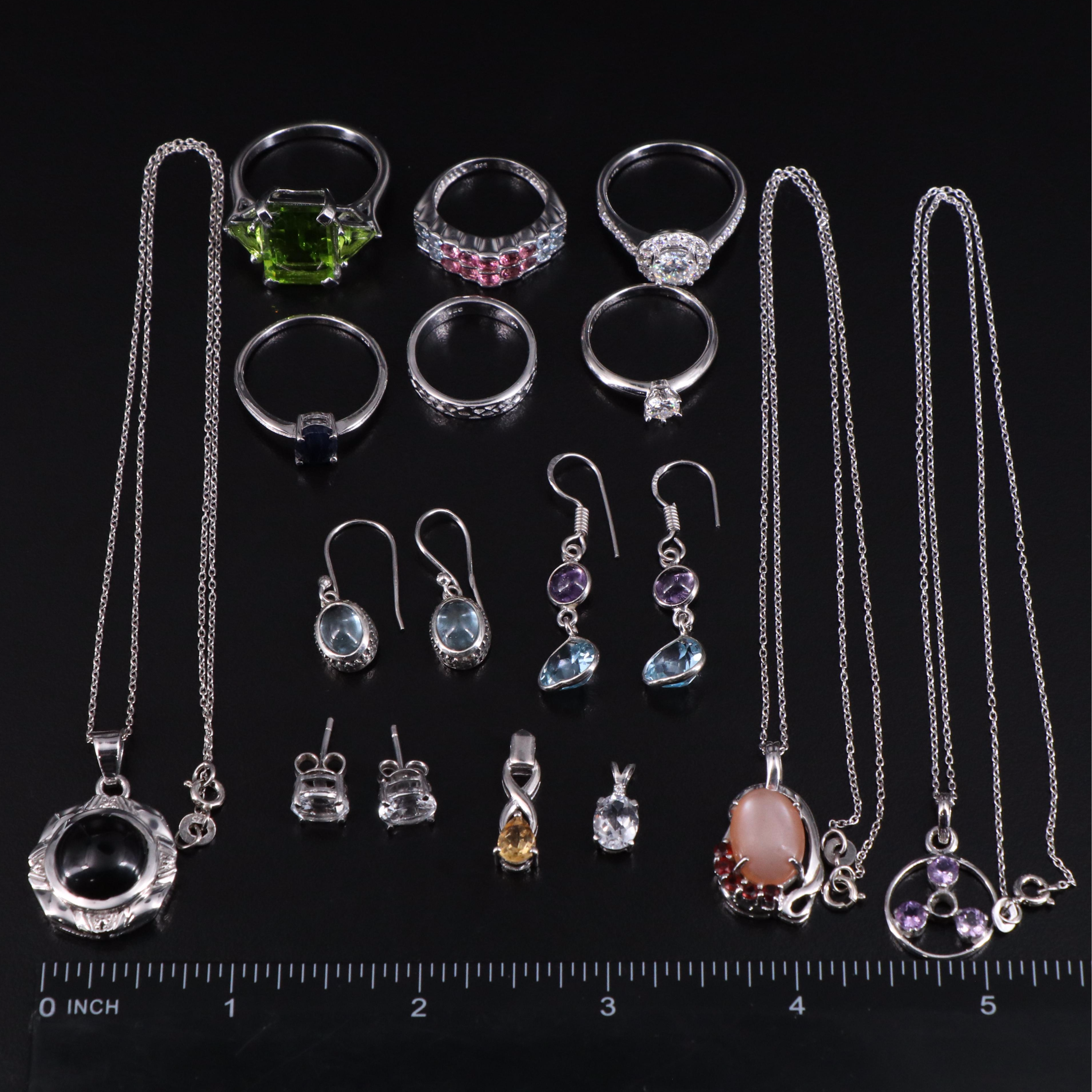 14 Assorted Sterling Silver Rings, Necklaces, Earrings, and Pendants