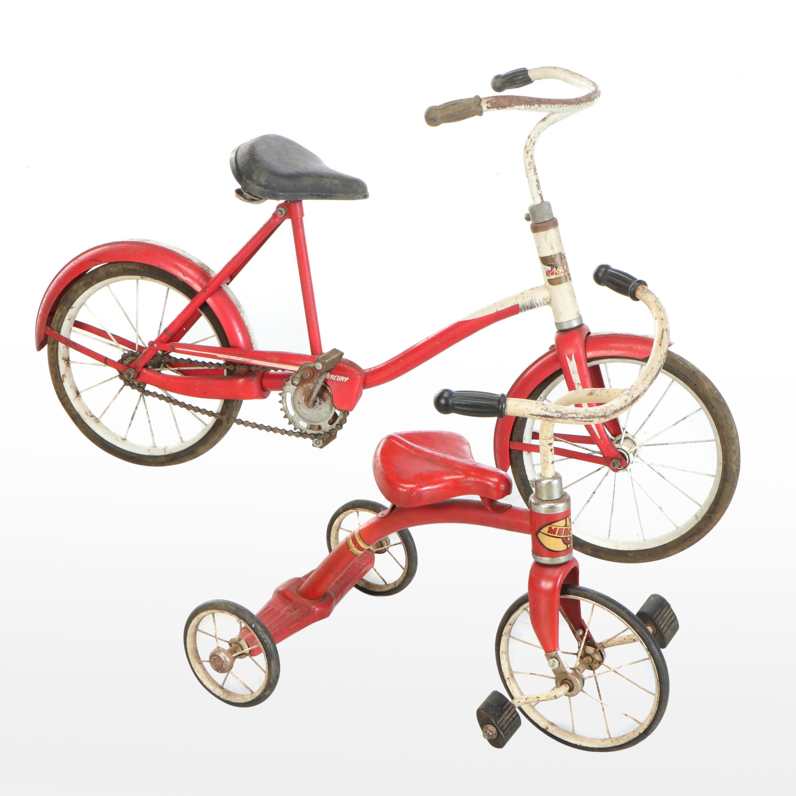 Mercury Red Metal Tricycle and Child's Bicycle, Mid-20th Century