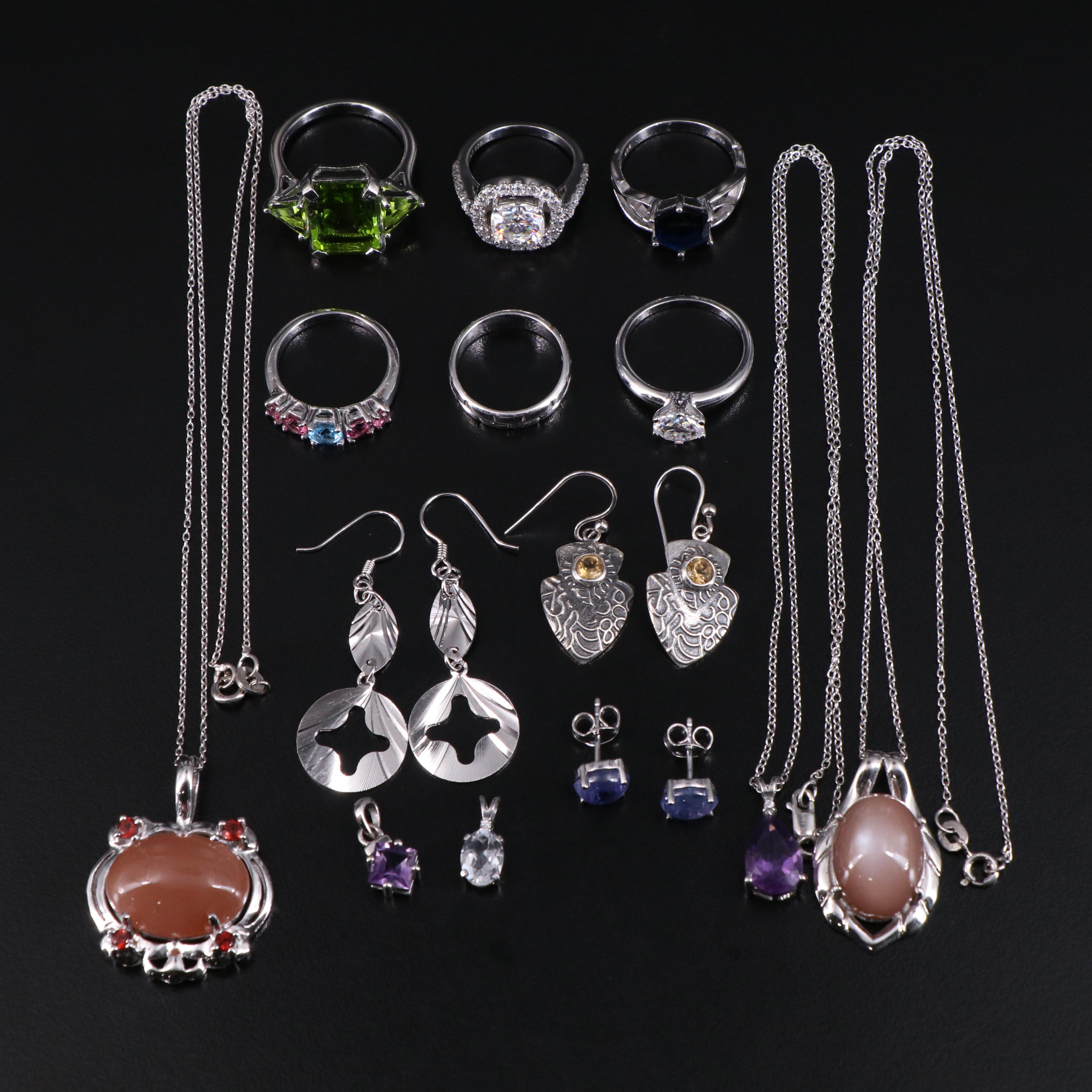 14 Assorted Sterling Silver Rings, Necklaces, Earrings, and Pendants