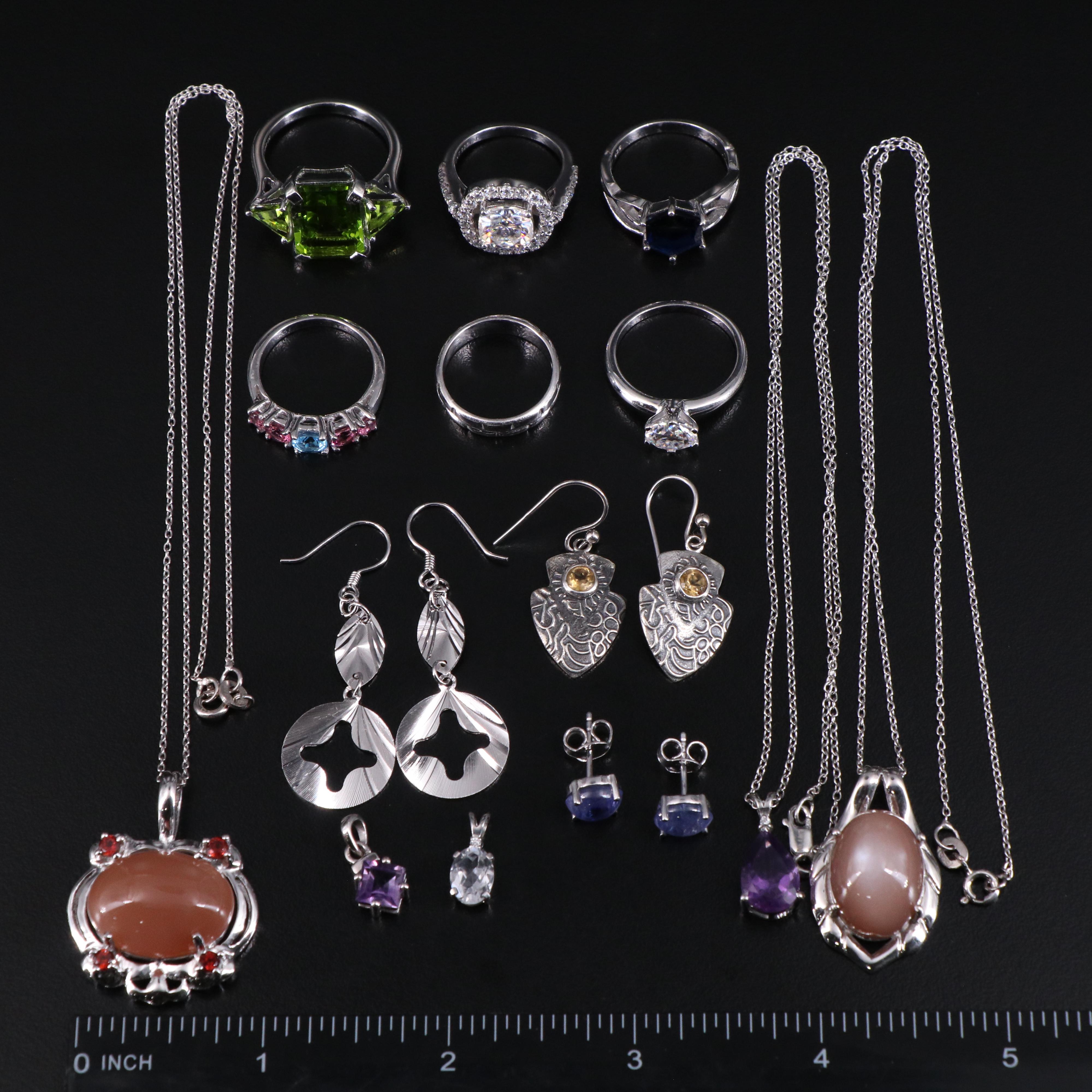 14 Assorted Sterling Silver Rings, Necklaces, Earrings, and Pendants
