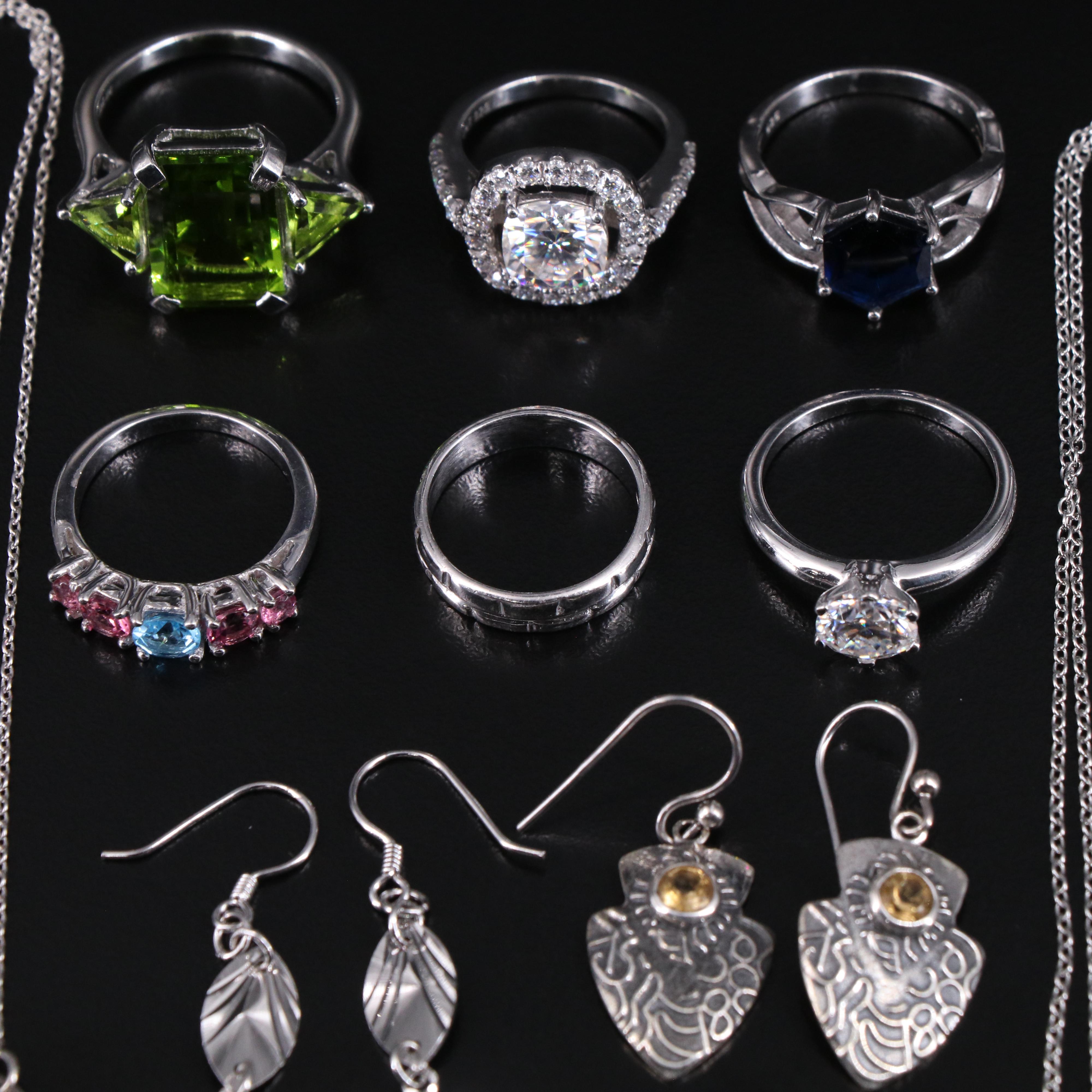 14 Assorted Sterling Silver Rings, Necklaces, Earrings, and Pendants