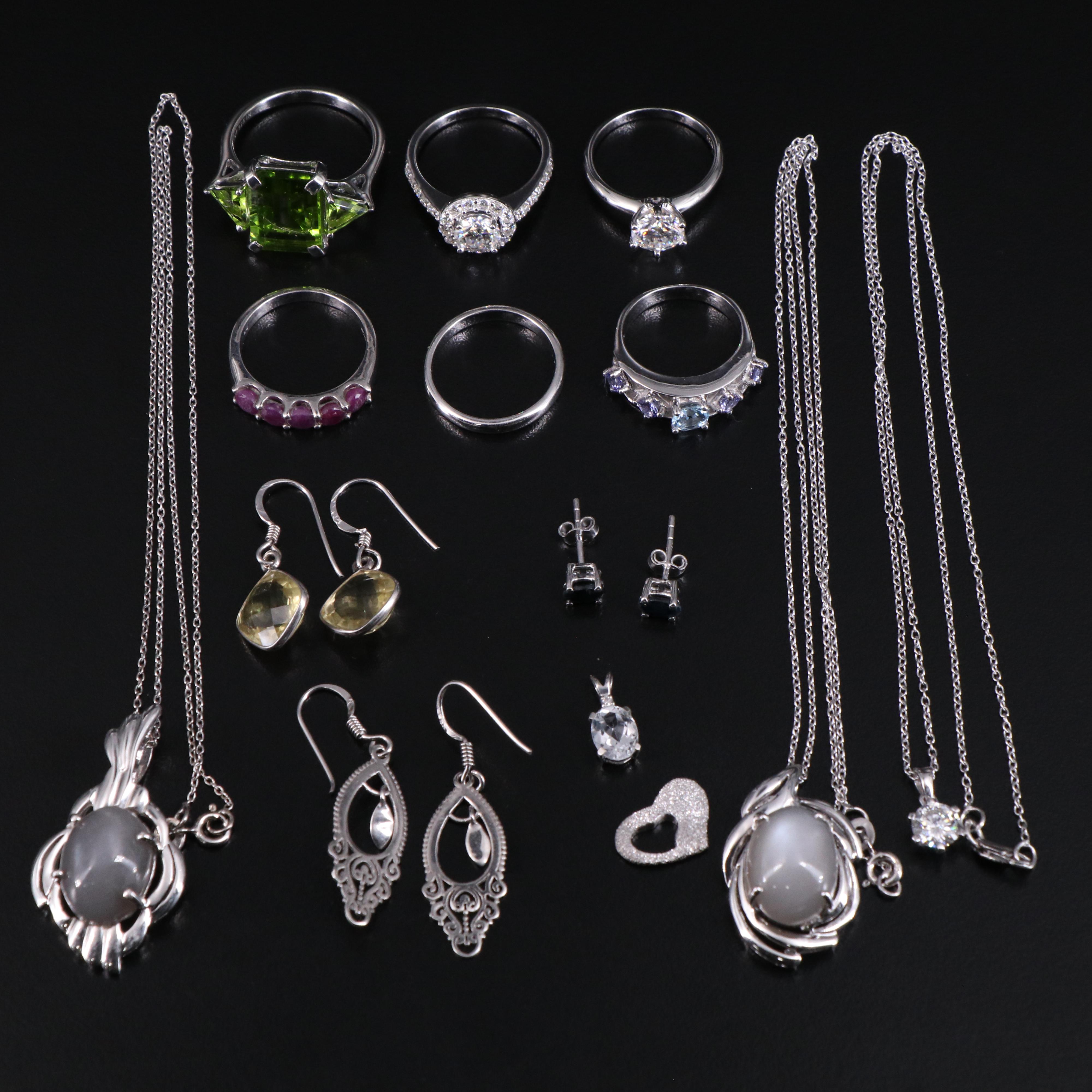 14 Assorted Sterling Silver Rings, Necklaces, Earrings, and Pendants