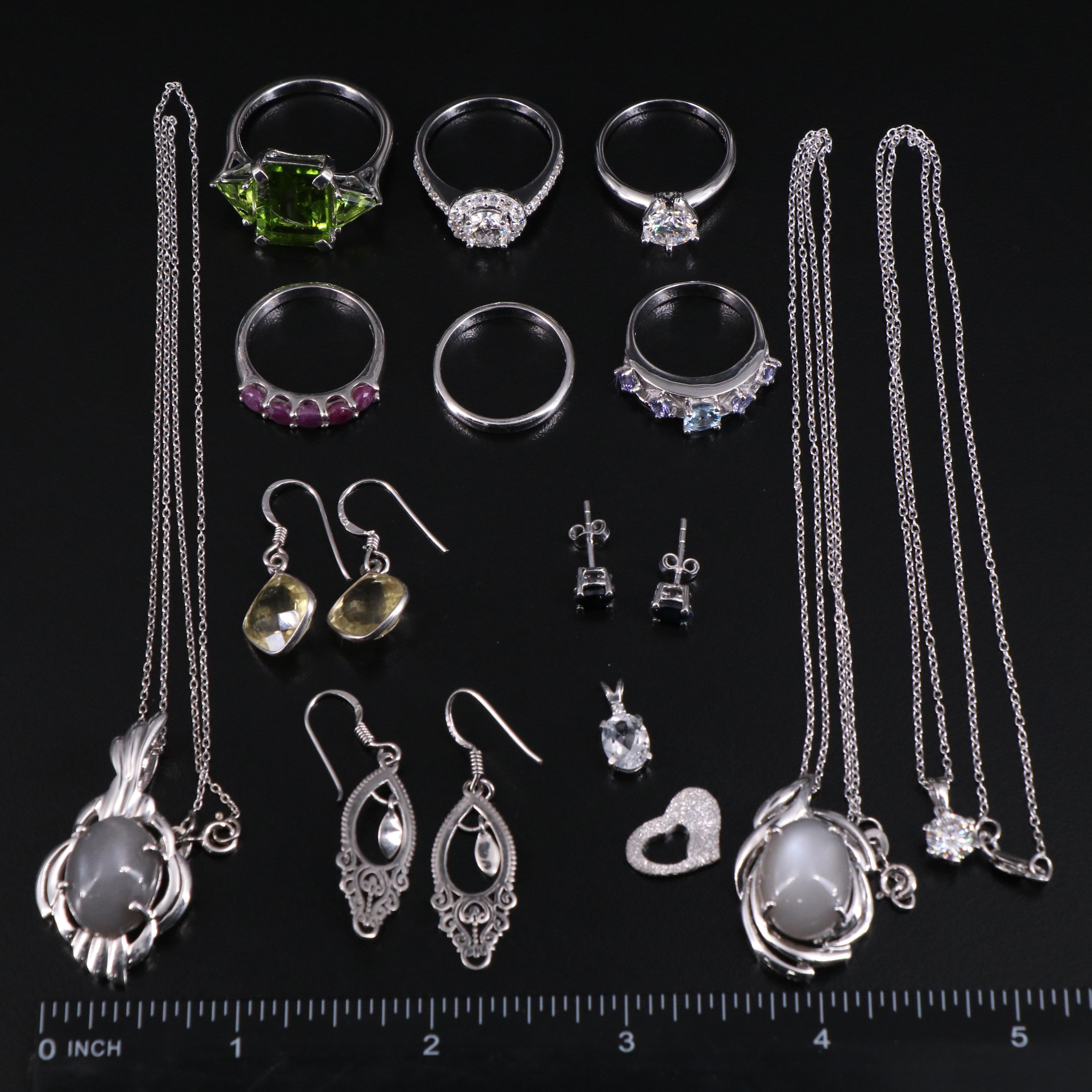 14 Assorted Sterling Silver Rings, Necklaces, Earrings, and Pendants
