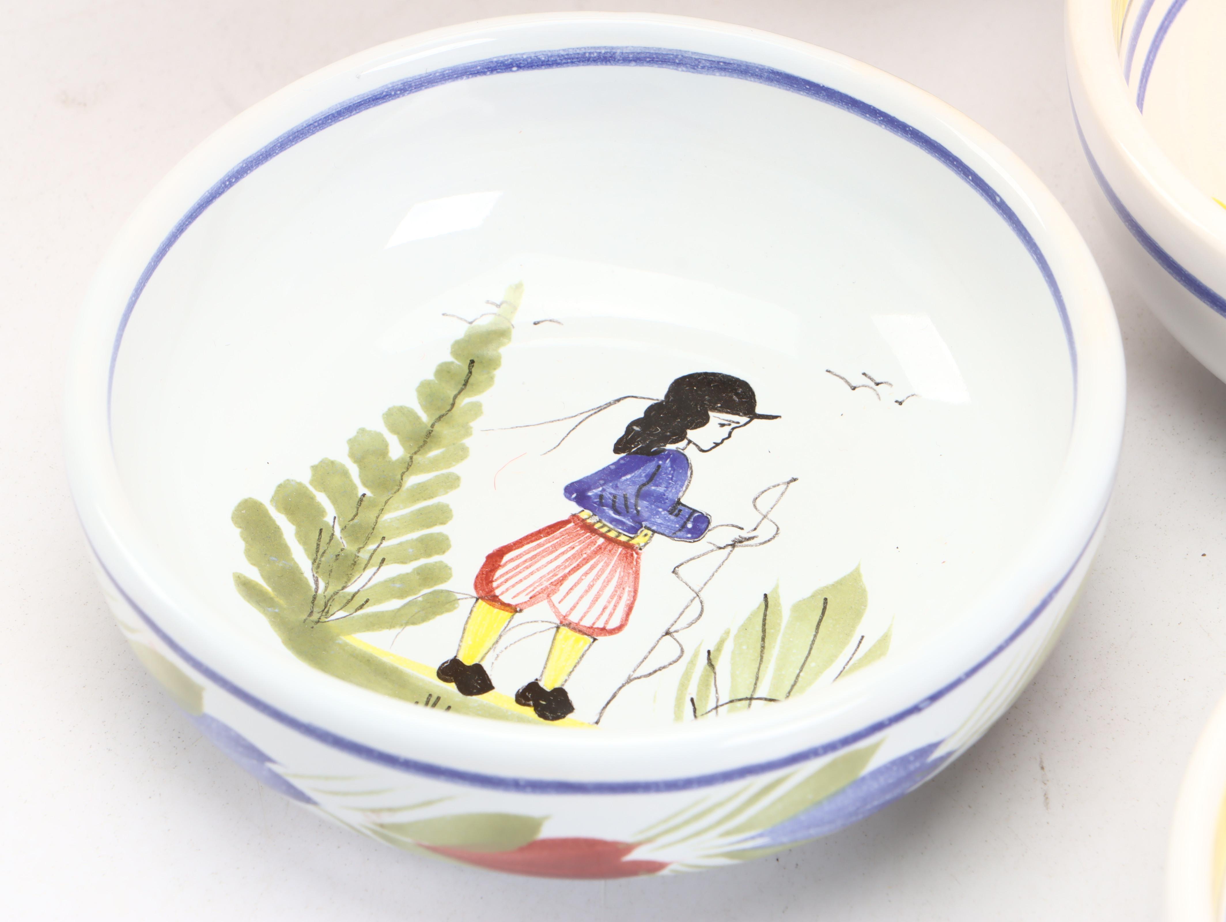 Henriot Quimper Hand-Painted Ceramic Table Lamps with Bowls