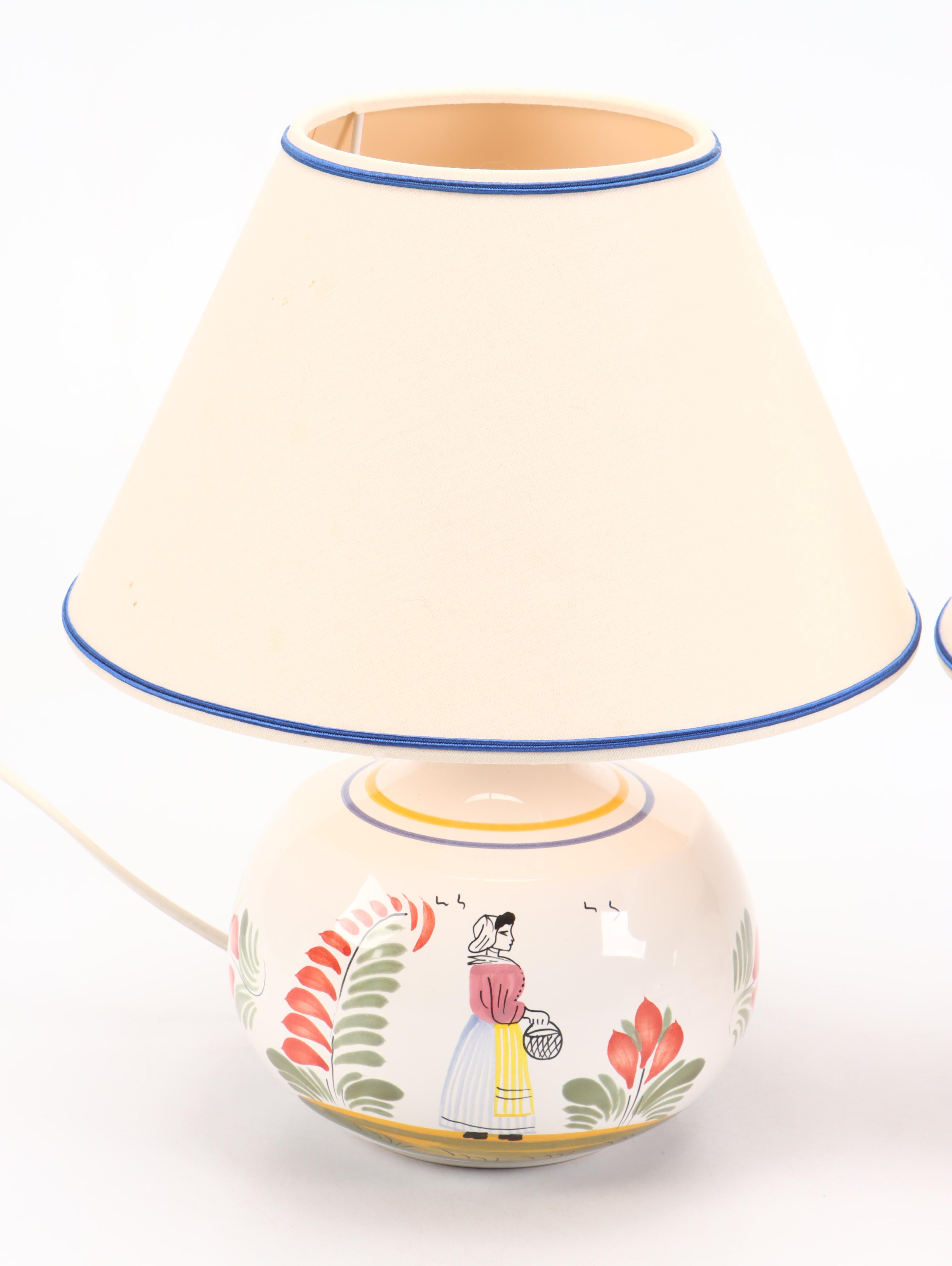 Henriot Quimper Hand-Painted Ceramic Table Lamps with Bowls